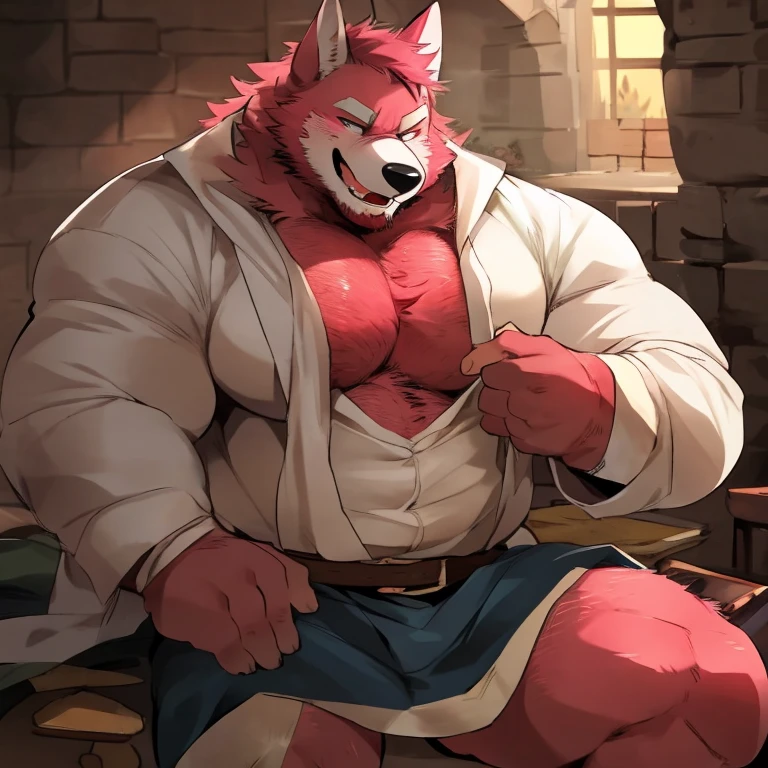 Solo Sexy furry anthro wolf male mercenary medieval solider, skinny endomorph muscules, grey furr, sword scars, headband shaggy shag hairs, blushing drunken, sitting alone in dark night dirty dive, agressive drunken laugh, old disgusting dirty dive, worn out skimpy armament, low on hips heavy leather belt, old worn skimpy dirty white linen jockstrap, white linen jockstrap with brown stains from old sperm cum, studded skimpy armlets breastplate armor, leather bondages, fingerless leather gloves, smelly unwashed fur, fluffy fur, intimate places, repulsive dangerous agressive sight, side front view