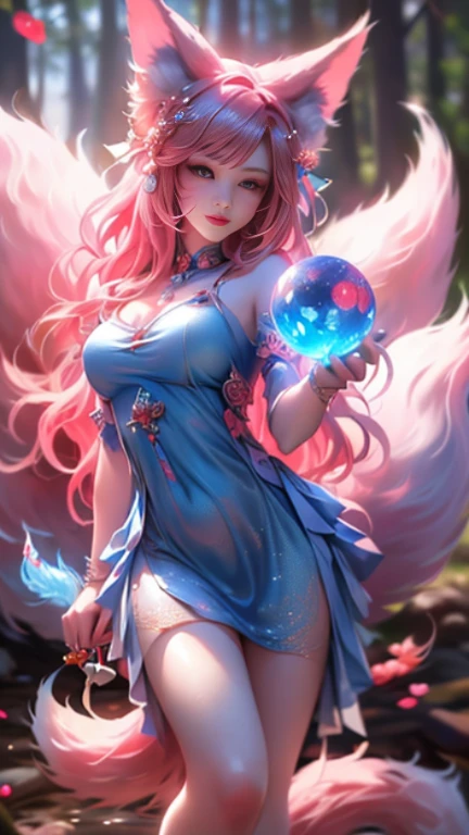 Masterpiece, Extremely detailed,best quality, photorealistic, close distance shot, (A beautiful kitsune woman walking in a rainy forest holding a small ball of blue fire), facing viewer, dynamic pose , fox ears, nine fox tails, traditional Japanese clothing.