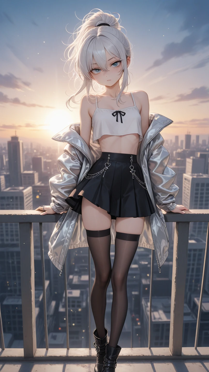 (Masterpiece: 1.1), (Best Quality: 1.0), (Ultra HD: 1.0), (8k Resolution: 1.2), (Real: 1.0), (Ultra Detail 1:0), (RAW Photo: 1.1), Bird's Eye View angle, Shibuya_\(Japan\), outdoors, 1 girl, bangs, sexy pink ribbon panties, breasts, clavicle, collared shirt, ear piercings, earrings, eyebrows visible through hair, head tilt, jewelry , lifted by myself, blue loose tie, medium chest, piercing, uniform, shirt, solo, underwear, white shirt, embarrassed face, (ear piercing: 1:1), earrings, looking at camera, nail art, nail polish , see-through bangs, light gray hair, (blue skirt), clavicle, thigh gap, small hips, mini skirt, matayomu uniform, (cameltoe: 1.2)