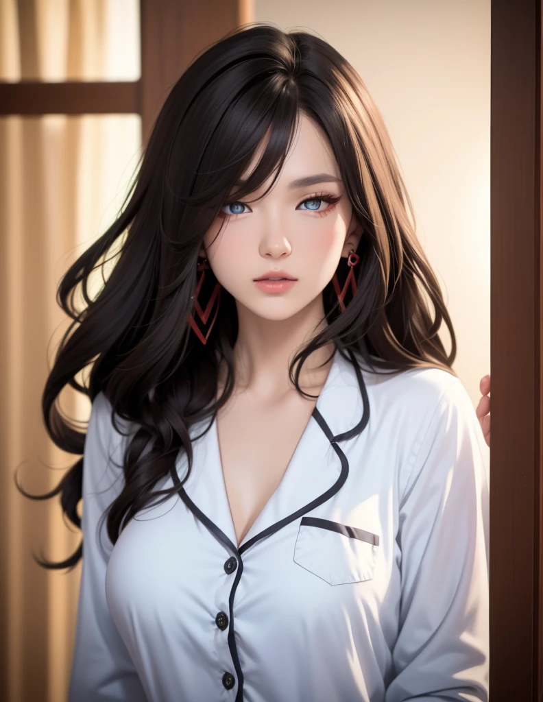 1girl,The upper body is a dark blue short-sleeved suit jacket, paired with a white shirt and a black tie. The jacket is decorated with white stripes, which adds a sense of fashion and layering. The lower body is a dark blue skirt that matches the jacket, ,beautiful detailed eyes, beautiful detailed lips, extremely detailed eyes and face, long eyelashes, best quality, 4k, 8k, highres, masterpiece, ultra-detailed, realistic, photorealistic, photo-realistic, ethereal glow, regal elegance, intricate details, luxurious, otherworldly beauty, dark atmospheric background, supernatural aura,  elise,