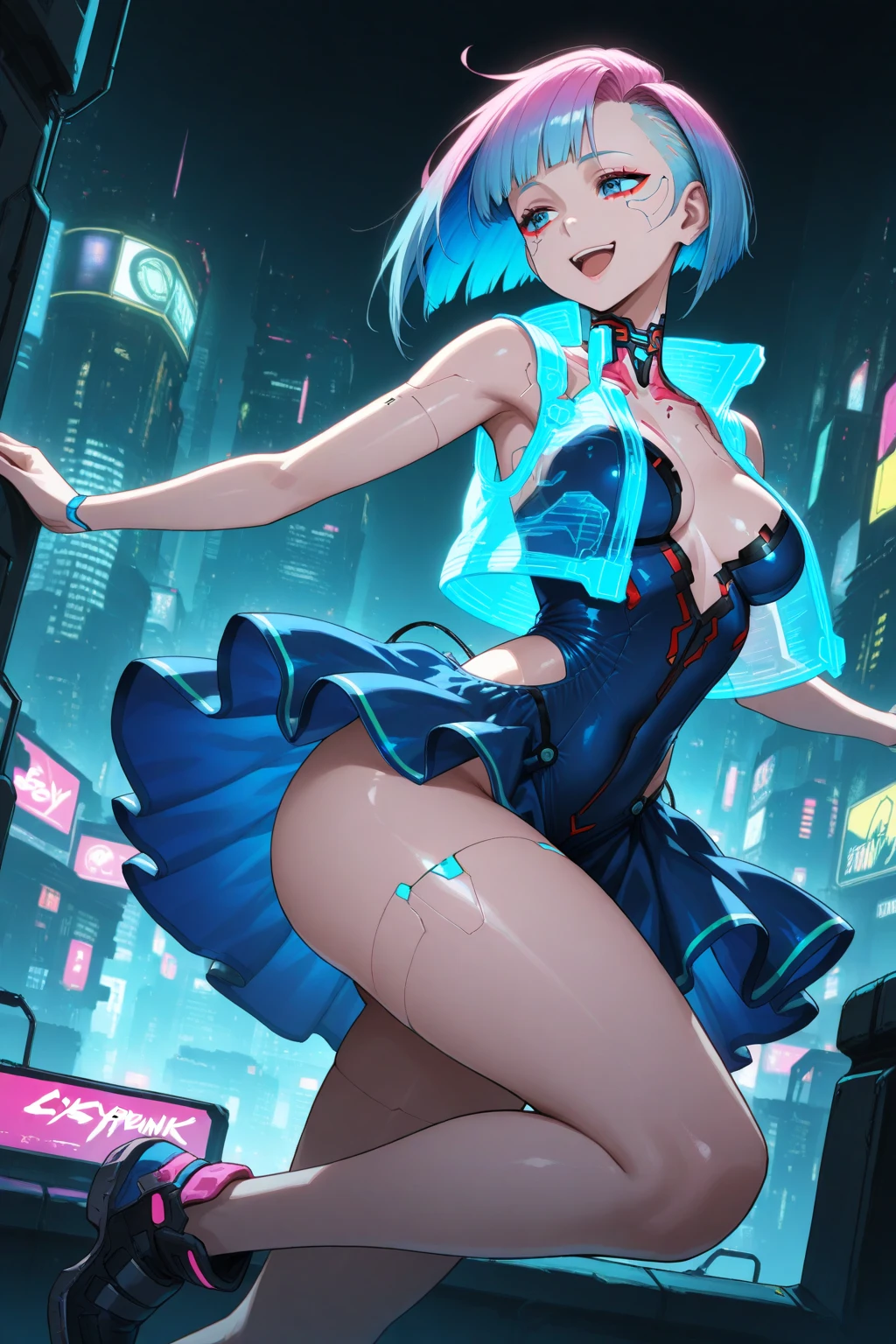 ((1girl in slutty pink latex dress, ))),solo girl, hoop earrings, Puffy lips, Painted lips, thick lips. Blonde hair, short hair , wide hips, thick thighs, Bursting breasts ,evil smile, bimbo,stripclub, score_9, score_8_up, score_7_up, source_anime,
BREAK,
Millium Orion, blue hair, short hair, antenna hair, ahoge, yellow eyes, black hat, headwear, black and yellow vest, white shoulder armor, zipper, white shorts, black thighhighs, green belt, white boots,
BREAK,
1girl, solo, happy, looking at viewer, full body,
BREAK,
asamura hiori
BREAK,
1girl, outdoors, sky, clouds, distant mountains, full body , shoes, 8K, 1girl, adult, smile, (blush), (shy), looking at viewer, dynamic angle, wind, game cg, fantastic scenery, bulge, bulge in shorts, femboy