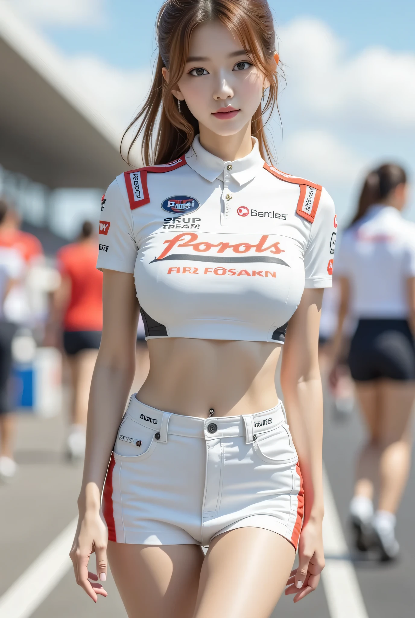 (8k, top quality, masterpiece), ( realistic , photo realistic : 1.37), Very Detailed, 1 Japanese woman {WEAR A RACING TEAM SHIRT } , very fine skin , Disheveled Ponytail Hair 、 Correct skeleton 、dreamy,超 realistic な混合ファンタジー世界, realistic 要素と幻想的要素の組み合わせ ( Highlighted Big Breasts :1)、 racing circuit racing team wearing tight t-shirt outfits、 wearing a slit skirt 、full body shot、 with a smiling face 、holding out their hands、belly button piercings、Beautiful Chest、wear high heels、Beautiful inner thighs、At the circuit pit