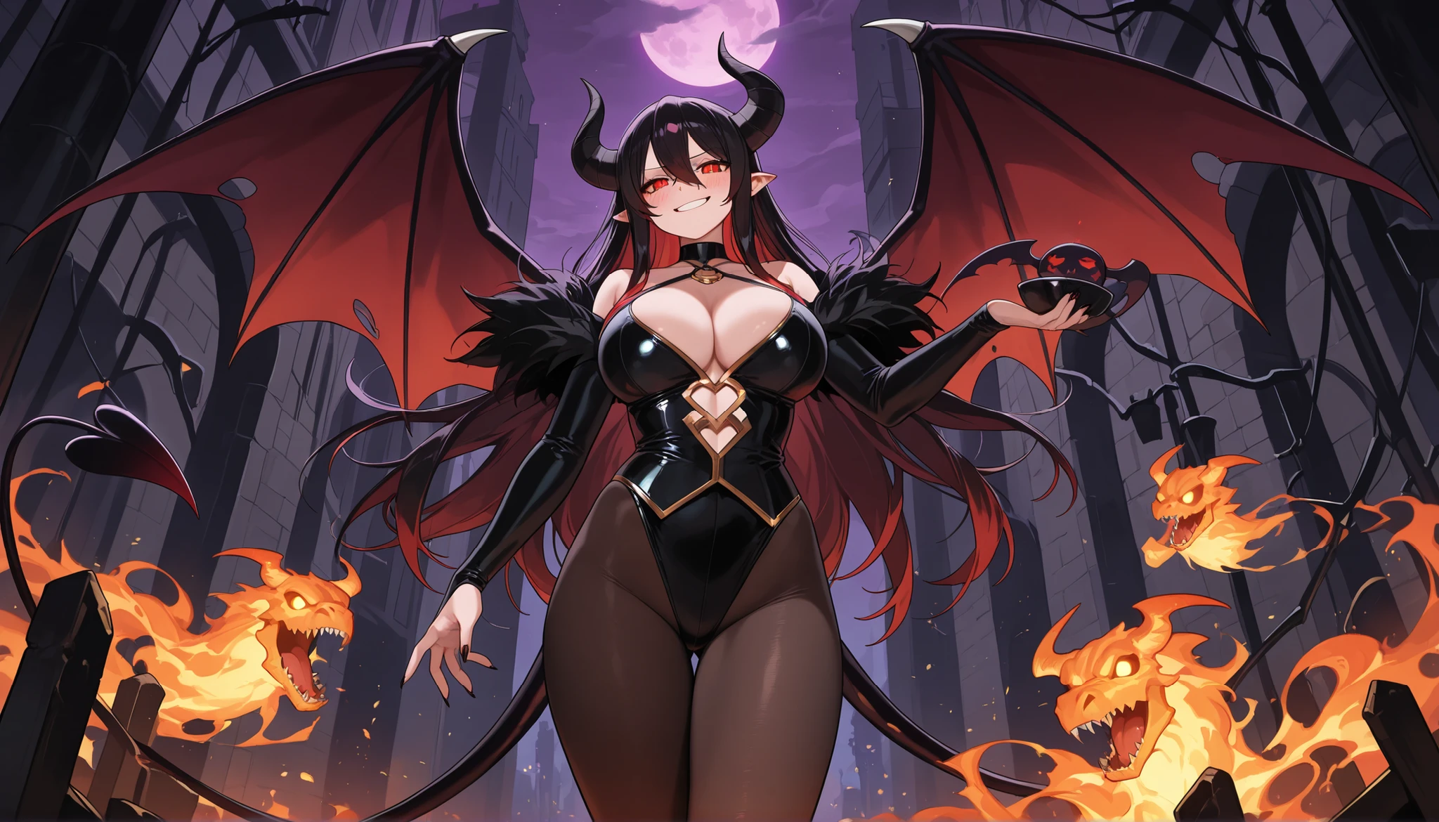 big titsabsurdres, highres, ultra detailed, 1girl, eyeliner, red glowing eyes, narrow waists, golden details, bare shoulders, cleavage, demon wings, horns, tattoo, detail background, FireMagicAI, detailed, intricate,
