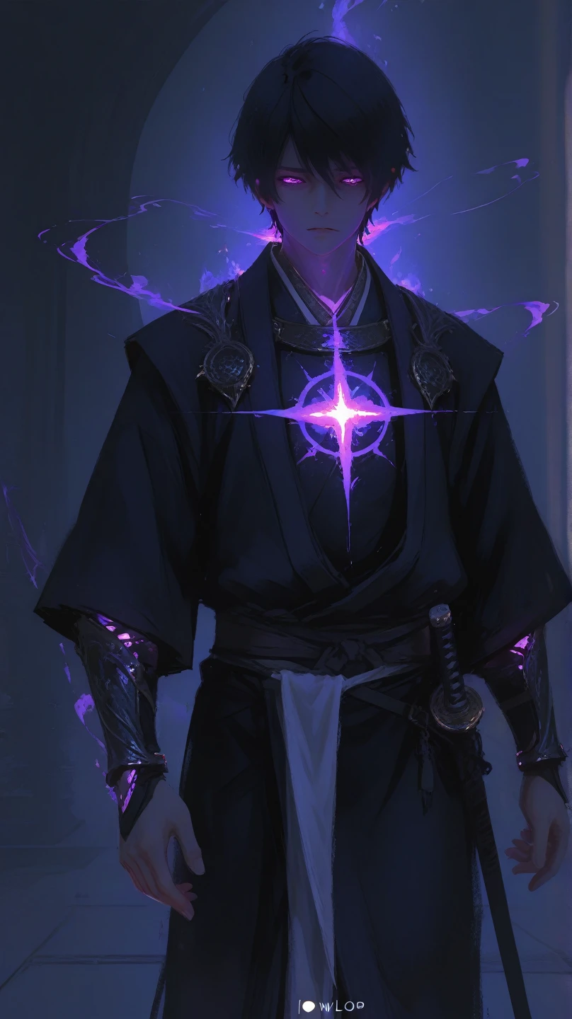 1 boy A dark fantasy anime-style warrior shrouded in swirling purple ...
