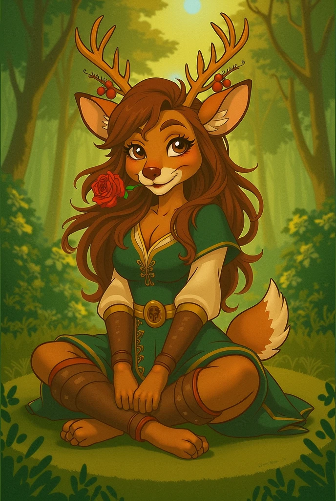 (4fingers), small_round_ears, small_panda_ears, pandaren, world_of_warcraft, furry, anthropomorphic, fluffy_tail, foxtail, cfemale, claws, red_panda, tiger_stripes, tiger_face, flat_chested, teen, teenager, amber_eyes, (pupils), (tiger_legs), black_left_foot, white_right_foot, (four_fingers), waist_long_ponytail, brown_hair, ((three_toes)), ((3toes)), ((detailed_eyes)), ((detailed_face)), detailed_hands, holding a rose, smiling,