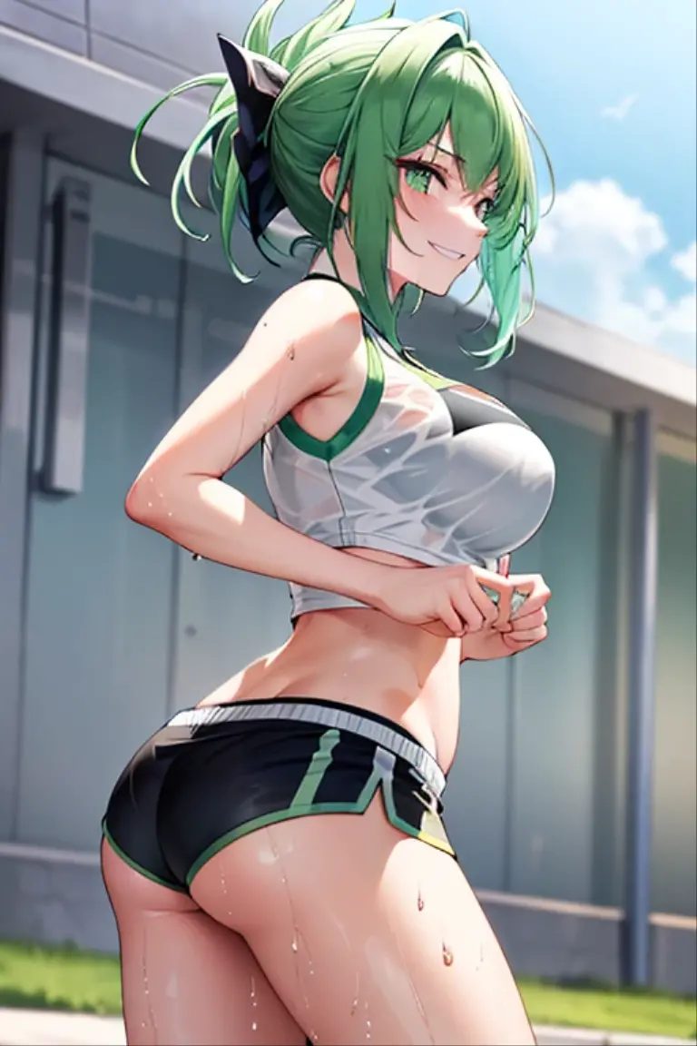 Green hair, folded ponytail, fine eyes, green eyes, masterpiece, sweat, soaked, best quality, hi-res, solo, wicked grin, ass facing you, running action and elegance, white sports short shorts, wet pants, white running shirt, wet shirt, sleeveless, braless, big, park, outdoor (en bikini) (camisa mojada y de frente de la cámara) (en bikini ) ( mostrando tetas)( su uniforme transparente )( sin ropa interior) (*tocandose una teta*)( (uniforme pequeño)) (posé sexy sacando la lengua)