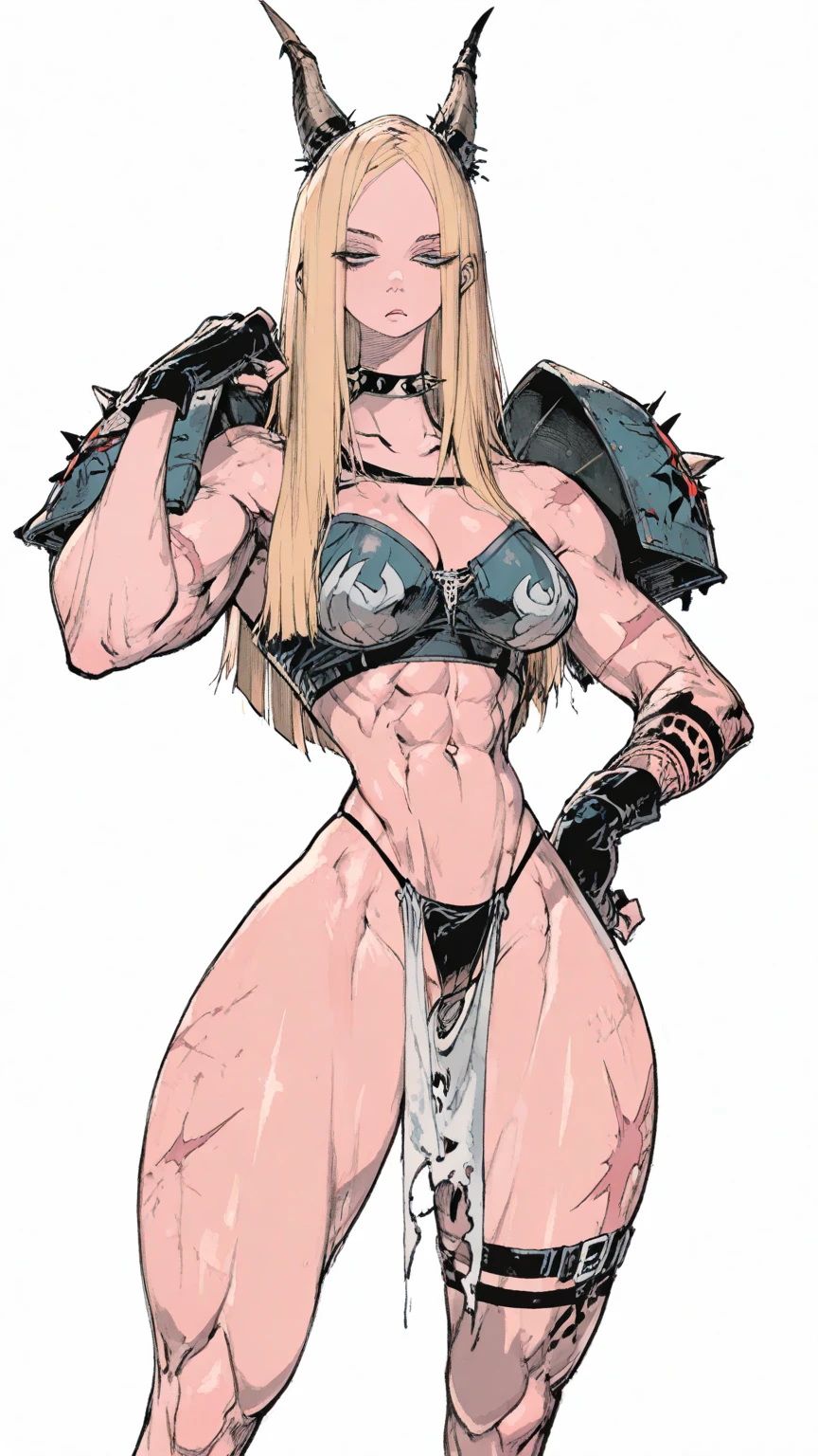 An opai woman,Barba,hair blonde, long hair,Muscle,anger, g-string, in a cage, slave, chained, good looking, Facial spots, Tighten your face, Eyes red, two hands, forehead tattoo, many chains, chained on neck, musclegirl , mulher extremamente musclegirl, Huge body, extremely muscular arms, huge woman, muito musclegirl,