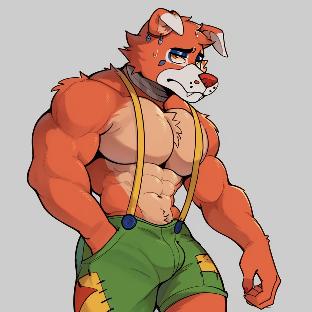 Incineroar, muscular, yellow shirt with a brown vest, shorts cafés