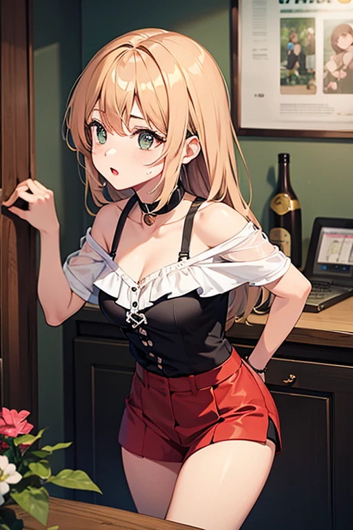 top-quality、Top image quality、masterpiece、girl with((18year old、gothic lorita:1.4、Bust 85、a blond、disheveled ponytail、Blue eyes、open chest wide、cleavage of the breast、Happiness、Black wristband on wrist、eye glass、Ear-piercing))、A slender、hiquality、visualart、Background with((Dining hall))、masutepiece