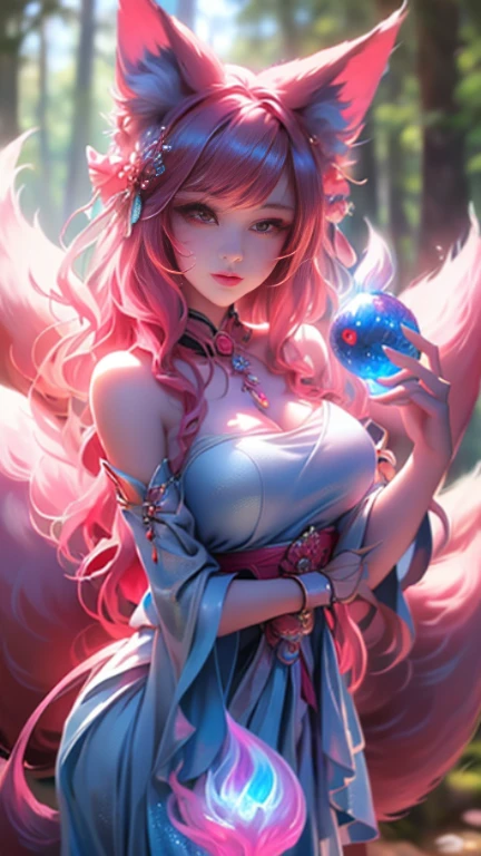 ahri,league of legend,Vastaya,Nine-tailed fox-eared white-haired girl,Raised sexy,big breasts enchanting,obsessed,Gentle eyes,Nine-tails exposed,The power of energy ball in hand,Hair is fluffy and flowy,aura of power,Yilan's' eyes wander in the air,Kneel on one leg,Ready to get started,Fighting posture,Battle background),8K,Complicated details