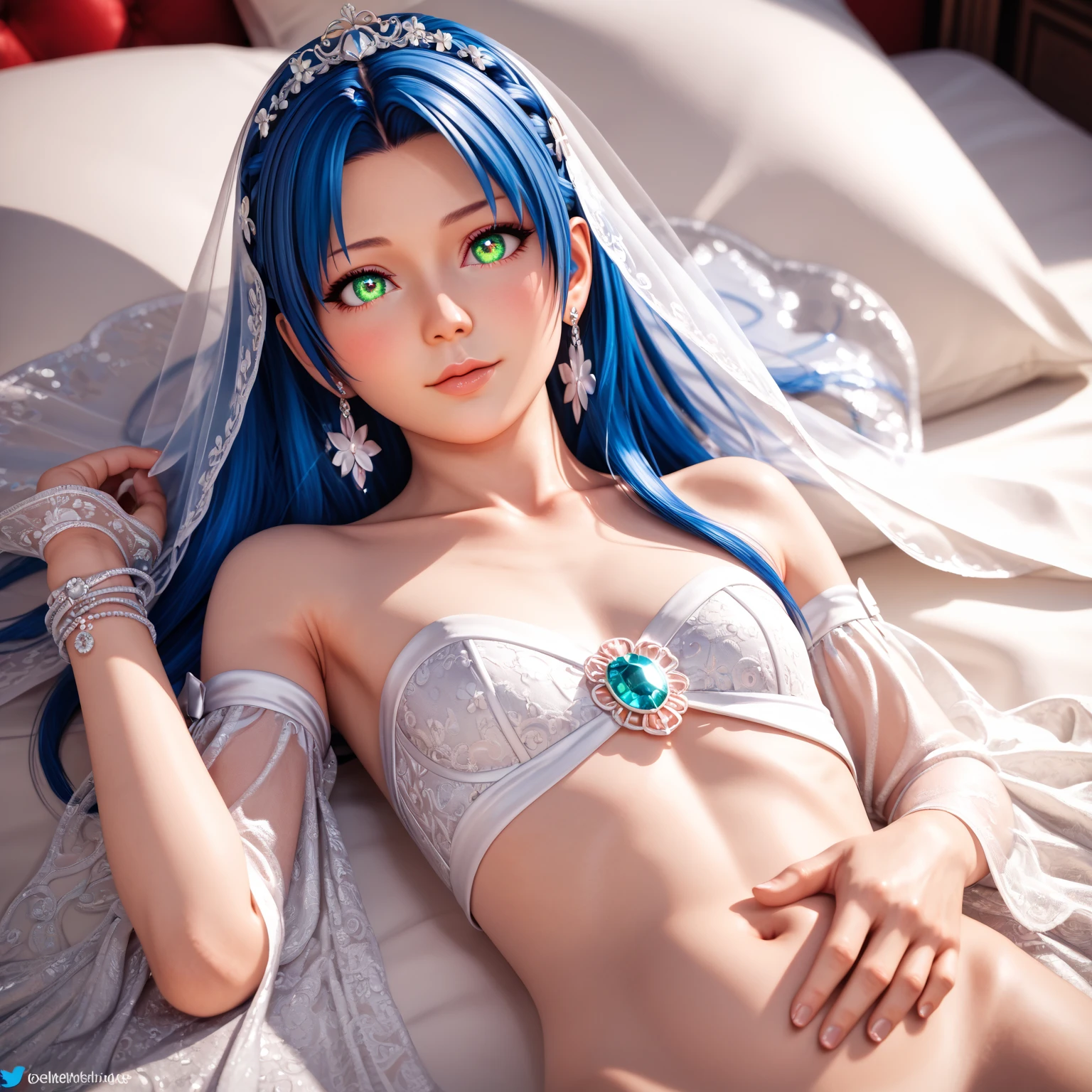 Therese Alexanderite, 25 year old woman , blue hair, blue eyes, a jewel on his forehead, big breasts, boca abierta,, blush, cuero sweatoso, sweat, detailed white and blue lingerie, sweat, lying on a bed. imagen de cuerpo completo. boca abierta,