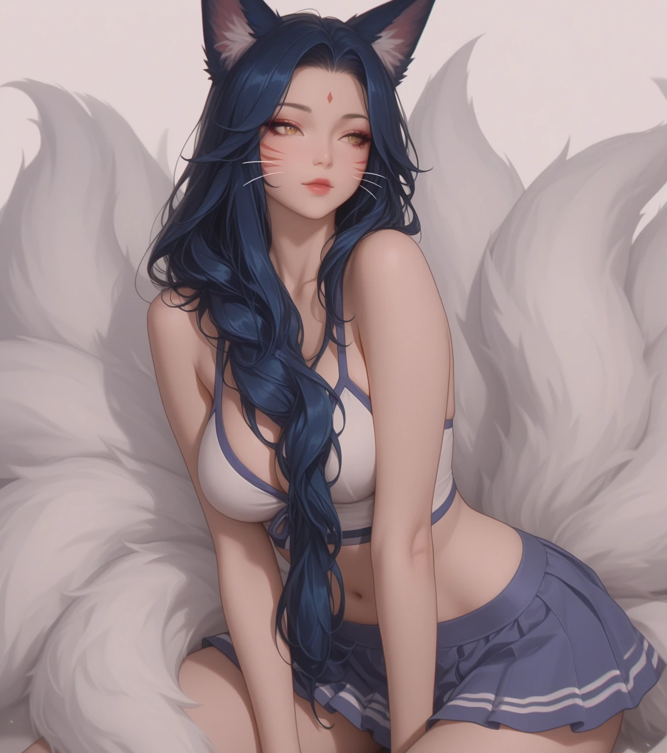 Solo, score_9,score_8_up,score_7_up, source_cartoon, source_furry, ahri from league of legends, standing, indoors, wearing skimpy elegant silk robes, yellow eyes, animal ears, 6 fox tails, indoors, sexy pose, indoors in a magical palace