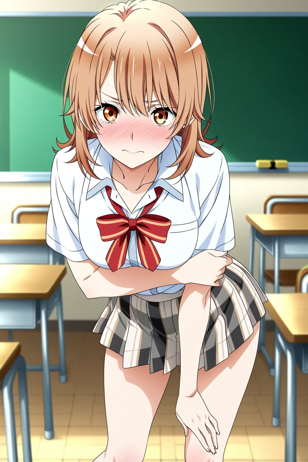 blushed、(Feminization、Japan school uniform、Check skirt、sit with curled under、pigeon-toed、white erotic panties、Underwear that bites、Light lipstick)、short-hair、full body Esbian、feminine breasts、ligh brown hair、(masutepiece, Best Quality)、 Shiny skin、(1girll: nase, Naughty blush, Sweat flows)
