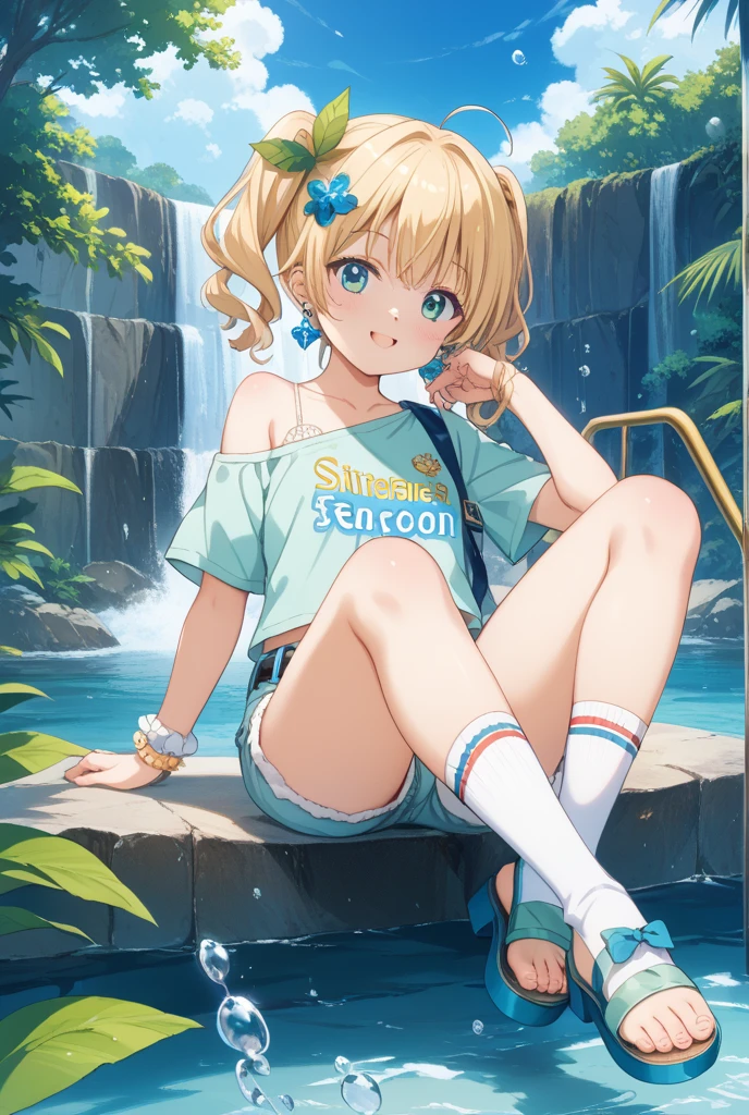 Bikini with random pattern,,Blushing、Pale brown eyes、Blonde、Side Ponytail、Medium Hair、、Head to toe full body、Blushing、Embarrassed look、Composition from the front、A view from slightly below、school swimwear、Acme Face、Random pose、, 、nsfw、Highest quality、1 girl、solo、Ocean、Sandy Beach、Sexy pose、Random pose、Blushing、Wet、Embarrassed、I can see half of my 、、One piece swimsuit、(Strap slip:1.3)、Sexy Bikini、