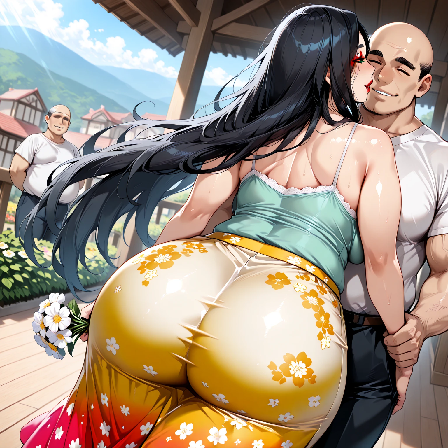 Score_9, score_8_up, score_7_up, score_6_up, score_5_up, score_4_up, source_anime, cute milf girl, detailed eye, BREAK Mamako Ohsuki, conservative white dress, bare shoulders, twist hair, accessories, sagging gigantic huge biggest breasts, huge areolae, areola slip, long nipple, dark nipple, hairy, hairy armpit hair, Japanese, cute Japanese, sweating, heart mark words, in city, piggyback a baby, baby on back, blushing, family atmosphere, penis, bukkake, back view, view from behind, makeup, ass, wide hip, carrying ???, ???????, babysitter, sucking ???????