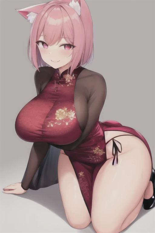 nsfw,((Masterpiece)),((high resolution)),((Best Quality)),Anime illustration,((1girl)),(wavy hair),(short hair),(pale pink hair color),small ponytail,Red eyes,(Big round eyes),((tareme)),12 years old,((loli face)),((very big breasts)),Short stature,,,china dress,blush,I'm very embarrassed,arms up behind,