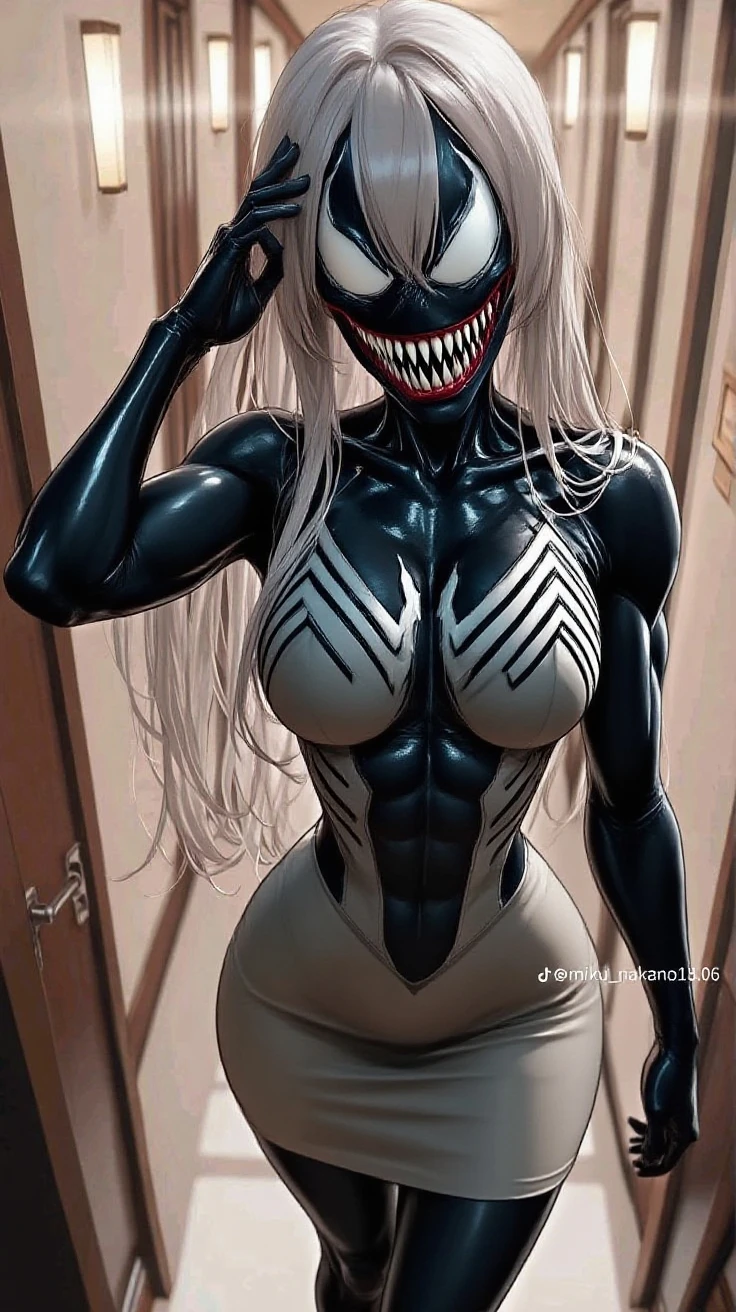 <lora:SymbioteWomen_for_PonyXL:1.2>, symbiette, black symbiote, fully covered, solo, tongue, teeth, tongue out, open mouth, sharp teeth, claws, long tongue, <lora:Chika_Chosokabe_from_LIL_PonyXL:0.8>, chika, 1girl, solo, blonde hair,, score_9, score_8_up, score_7_up, score_6_up, score_5_up, score_4_up