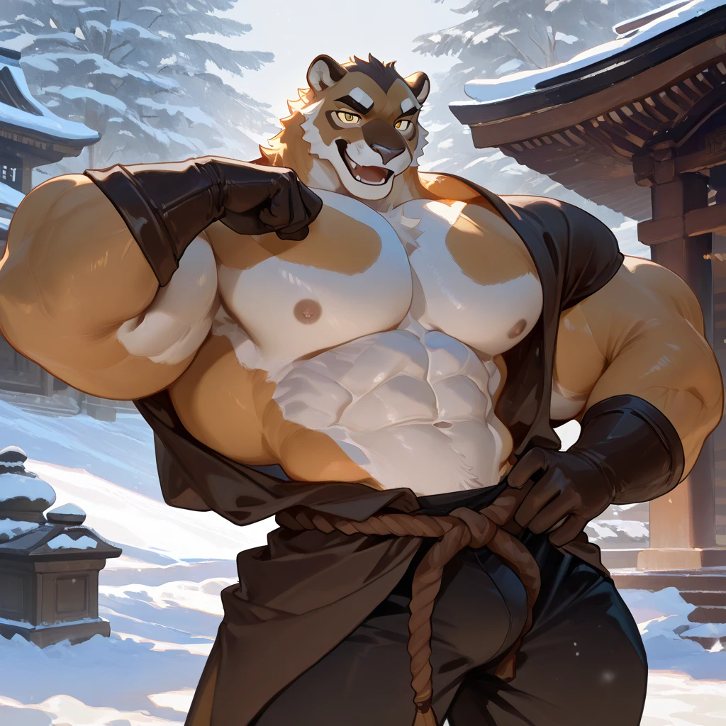 Very detailed,Browsing Caution,((whole body))((Fat middle-aged tiger man)),((Samurai Armor)),Please raise your hand,Body hair,((Hairy skin)),fluffy,pubic hair,((Brown eyes)),(White belly:1.3),(Beautifully detailed tail:1.1),(Male face:1.3),(Big Face:0.5),Square jawline,(Male Eyes:1.2),(Sharp eyes:0.8),(Big eyes:0.3),Male eyebrows,((Detailed and realistic anatomy)),Muscular,Chubby,(Innocent look:0.3),(Small penis with beautiful thin and tight foreskin:1.8)(Hairy little testicles)(flaccid:1.6),(Detailed face:1.3),(Detailed body),(Beautiful Hands:1.2),(Detailed fingers:1.2),(Beautiful black nails down to the last detail:1.2),(Detailed eyes:1.1),(Beautiful Eyes:1.1),Beautiful beard,Beautiful ears,Arm details,Leg Details,Beautiful legs,Highest quality,High resolution,Realistic,16K,masterpiece,Starry Sky,Snowfield,Field,(Detailed brown nipples:0.8),(Blood vessel:-0.8),(Glowing Skin:-0.7),(chest hair:0.5),