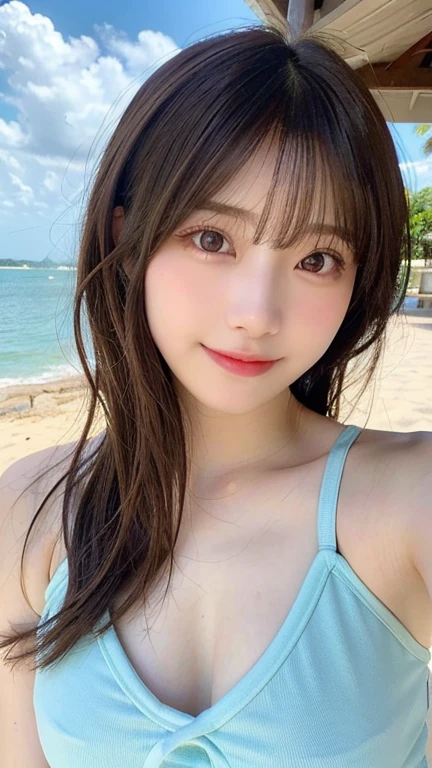 (Best quality, 8k, masterpiece: 1.3), a Pretty Girl with slender abs :1.4, (high-school student, teens), black hair, (blunt bangs:1.2), bikini, in the pool side, highly detailed face and skin, detailed eyes, double eyelids, very small breasts, smile