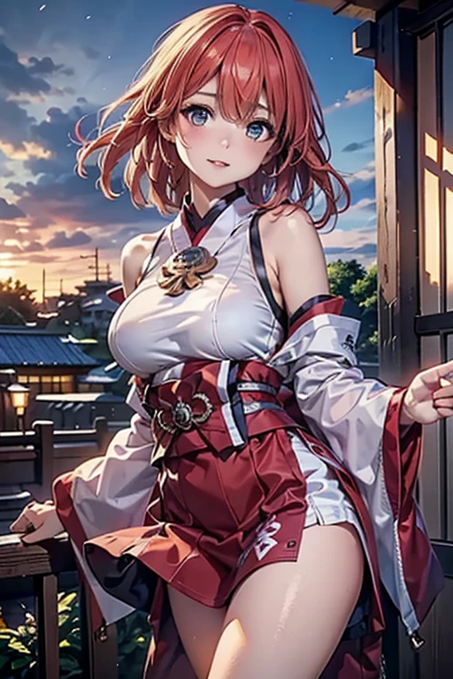 1girl, solo, <lora:char-madoka:0.9> ,<lora:shisuiOutfitBandeauFloral:0.9>, tokyo city, mount fuji, huge breasts,  arms at sides, outdoors,detached sleeves, white bandeau, floral print, white skirt, miniskirt, crop top, thighs,red bow, cleavage, white sleeves,