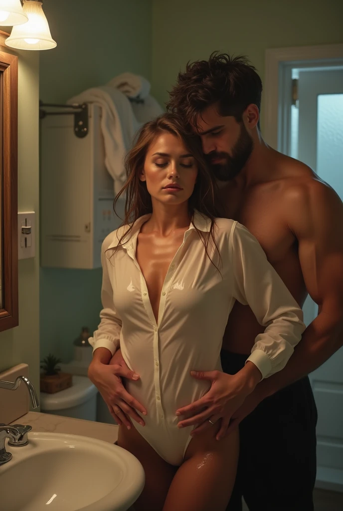 (shabby bathroom)Glamour white victoria secret model woman.
(A homeless Indian man is seen hugging a white model woman on the floor in a toilet stall..Touch the clothes on the chest. Screaming face.