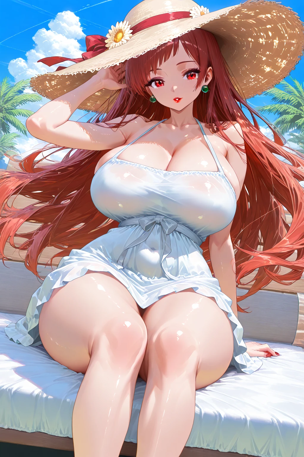 (masterpiece,derailed,8k HDR,hires,best quality:1.4),beautiful sky,beautiful sea,on beach,cinematic lighting,face lighting,1girl,Yuuki Asuna,(Sword Art Online),good anatomy,better hands,cowboy shot,detailed skin,beautiful skin,wet and grossy skin,pink hair,very long hair, braid,detailed face,very very young,very very pretty face,detailed eyes,(green eyes),sparkring eyes,droopy eyes,double eyelids,(eye bags:1.3),detailed nose,(happy:1.3),(half-open eyes),white sleeveless resort dress,straw hat,(huge breasts:1.4),cleavage,arm up,hand on hip,