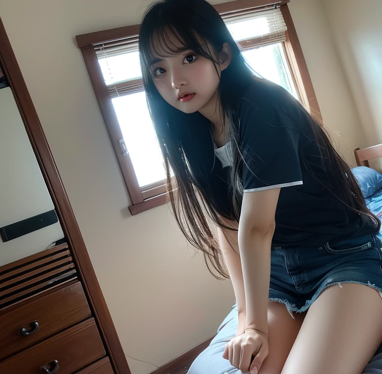 An ultra-high picture quality、Perfect Photo、Japan beautiful girl、17 age、female high-school student、Slender body、Black hair Long hair、With bangs、Cute room、Own room、Denim Mini Skirt、(Surprised expression)、(hate)、(hatred)、Sit on the bed、Adored expression、(It hurts a lot)、ankle、sole、white sock、drawing knee up、(((White panties are fully visible)))、Frontal gaze、Do-up、(((Full view of the crotch)))、close-up shooting、