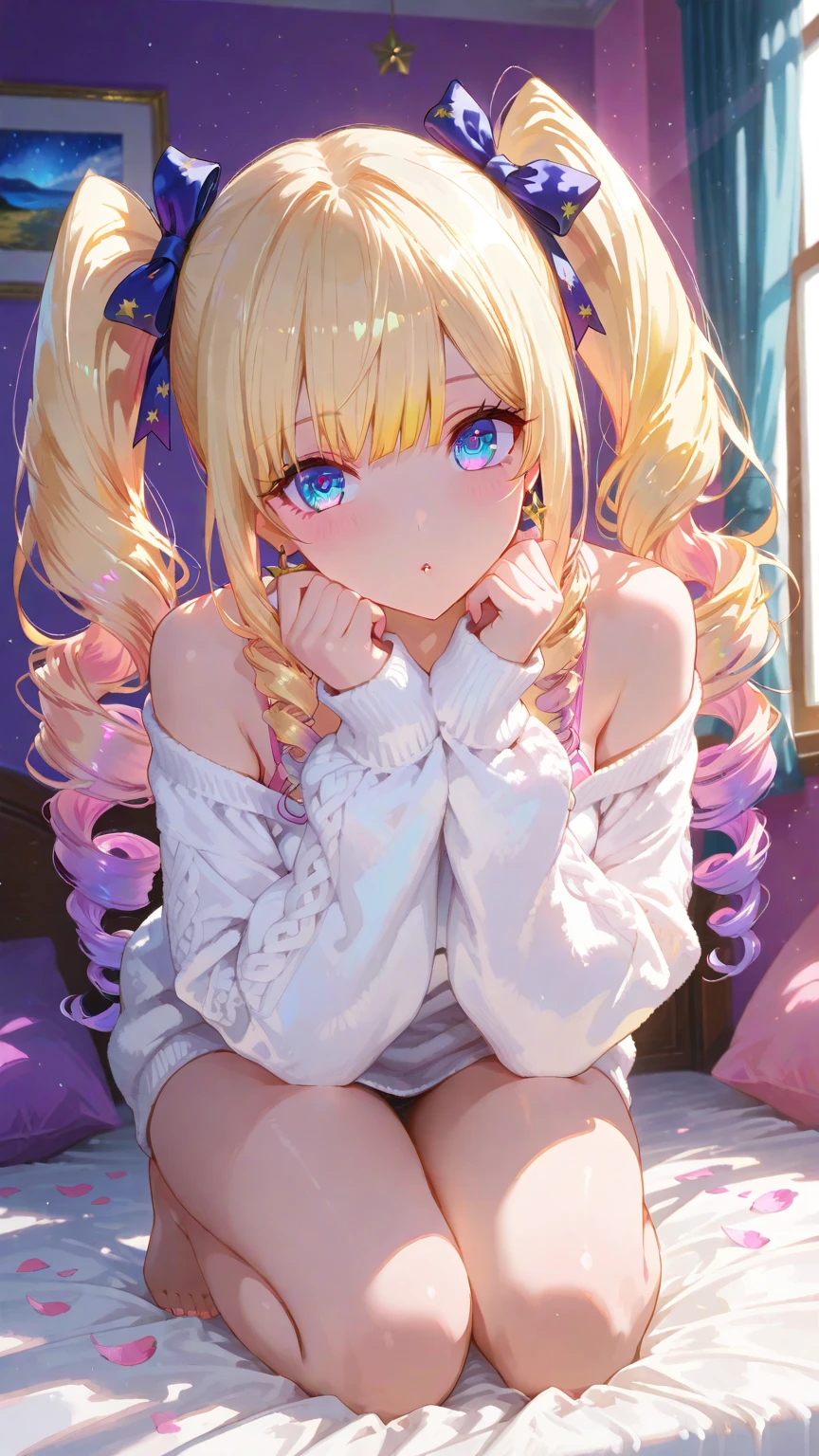 light yellow hair, loose, curly ends, blue eyes, teenage girl, white long sleeves, white miniskirt with pink elements, cute room with soft toys in the background. small breasts, thin waist
the girl is visible in full height, she sits with her knees pressed to her, her hands rest on her bare feet,one leg is raised, a bare foot is visible to the camera