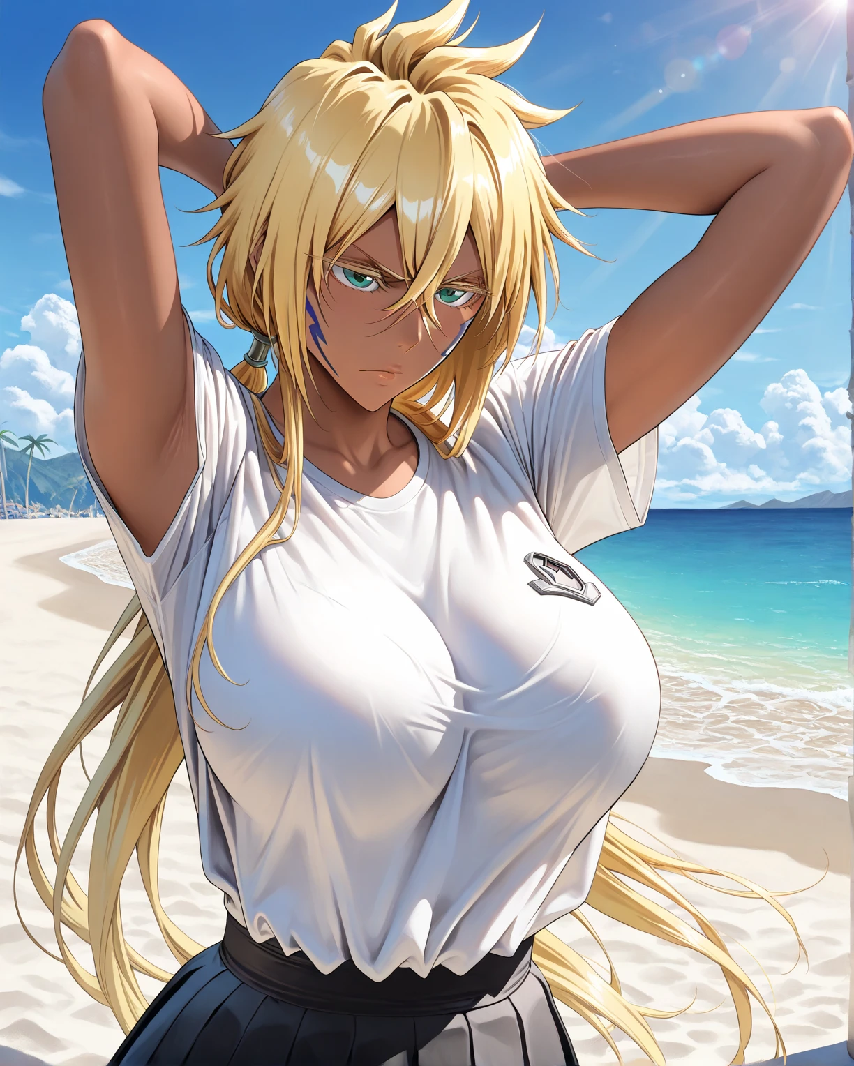 nsfw:1.5, Top quality, masterpiece, ultra high resolution, , (top quality, high resolution, 4K, detailed lighting, shaders, perfect anatomy, perfect proportions), eye of the beholder, (masterpiece, top quality) (top quality, 4K, 8K, high resolution, masterpiece: 1.2), highly detailed, (masterpiece: 1.3, top quality, ultra high resolution, ultra detailed), (top quality: 1.2), perfect eyes, perfect face, (top quality, 4K, 8K, high resolution, masterpiece: 1.2), highly detailed, (top quality, 4K, 8K, high resolution, masterpiece: 1.5), highly detailed, masterpiece, top quality, ultra detailed, top quality, high resolution, 32K CG, very delicate and beautiful, illustration, high resolution, sharp focus, girl 1 person, very beautiful and detailed anime face, very detailed eyes, ((masterpiece)), ((best quality)), (super detailed), ((cute)), cute, ((very detailed)), 4K, (8K), best quality, (best quality, 8K, 32k, masterpiece, super high resolution, very detailed, impressionistic:1.2), blurred background, (two arms) , (two legs), (four fingers and 1 thumb) , only one belly button, Bare shoulders.
(Beautiful woman). (Beach: 1.6). (Cowboy shot:). (Profile: 0.8). (Trimmed pubic hair). (Realistic water droplets: 0.4). (White hot pants: 1.6). (Soaking wet: 1). (Beautiful face: 1.2). (Shiny blonde: 1.4). (Shoulder-length straight hair: 1.3). (White choker: 1.5). (Necklace: 1.5). (Bracelet: 1.5). (Bangs swept to the side to reveal forehead: 1.4). (Blue-green eyes). (Happy smile: 1.6). (Embarrassed: 1.2). (Topless: 1). (Removing black sleeveless T-shirt: 1.8). (Tan lines: 1.5). (Breasts and nipples not covered: 1.6). (Small pink nipples). (Perfect proportions: 1.6). (Full, beautiful breasts: 1.5). (Perky breasts). (Narrow waist). (Slender body). (Beautiful buttocks: 1.2). (Realistic facial expression: 1.4). (Realistic skin: 1.4).