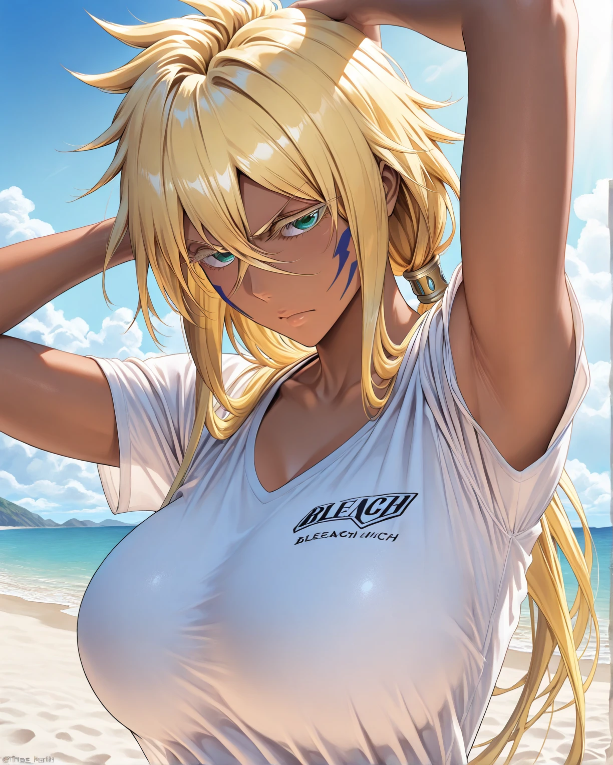 masterpiece, Highest quality, Unreal Engine, Super Resolution, Very detailed,
Beautiful woman, Android 18, Vivid expression, Healthy Body, Beautifully detailed sweat glands, Smooth skin texture, Carefully drawn,
(humidity:1.2), Beautiful Eyes, (Attractive face:1.2), (Beautiful Skin), (Big Breasts), Puffy nipples, (Sticky with sweat), In a dynamic pose,
In the world of Dragon Ball, Outdoor, In the city of the future,