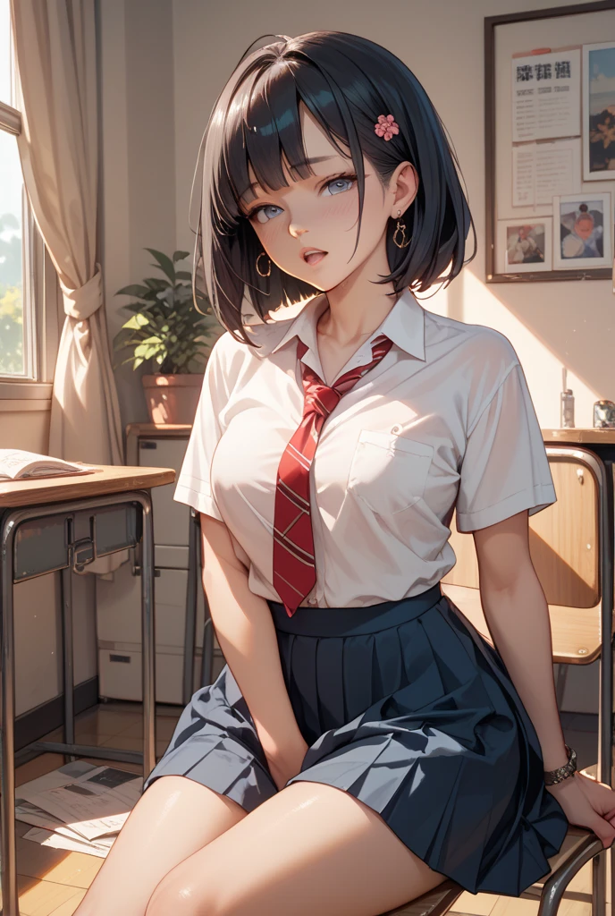 Best quality, 1 woman, 17 years old, (short bob haircut, black hair), scared face expression, plump body, blue eyes, Indonesian high-school uniform, (wearing transparent white shirt), osis logo on shirt pocket, huge XL breasts, light-grey pleated skirt, sitting down, seductive pose, full body shot, shy face, blush, looking_at_viewer, glasses, black-framed eyewear, in the classroom,