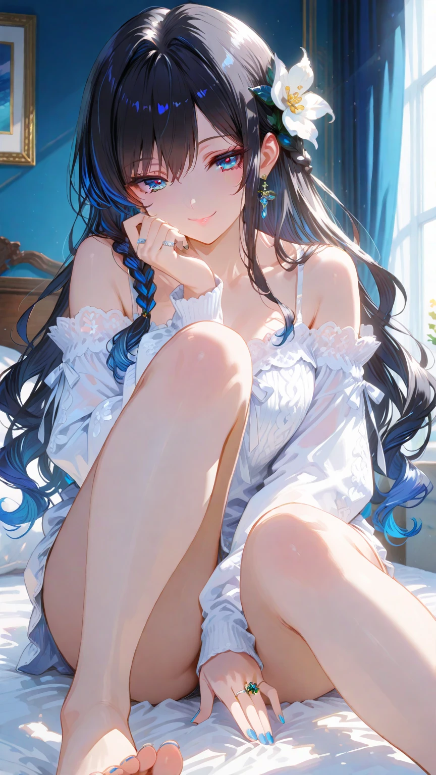 ８K, Highest quality, masterpiece, Ultra-detailed、messy hair、Messy Hair、Bright blue hair、full lips、Blue Eyes、１８Year-old beauty、Portrait、Bedroom、Waking up、Sleepy look、pajamas
 

