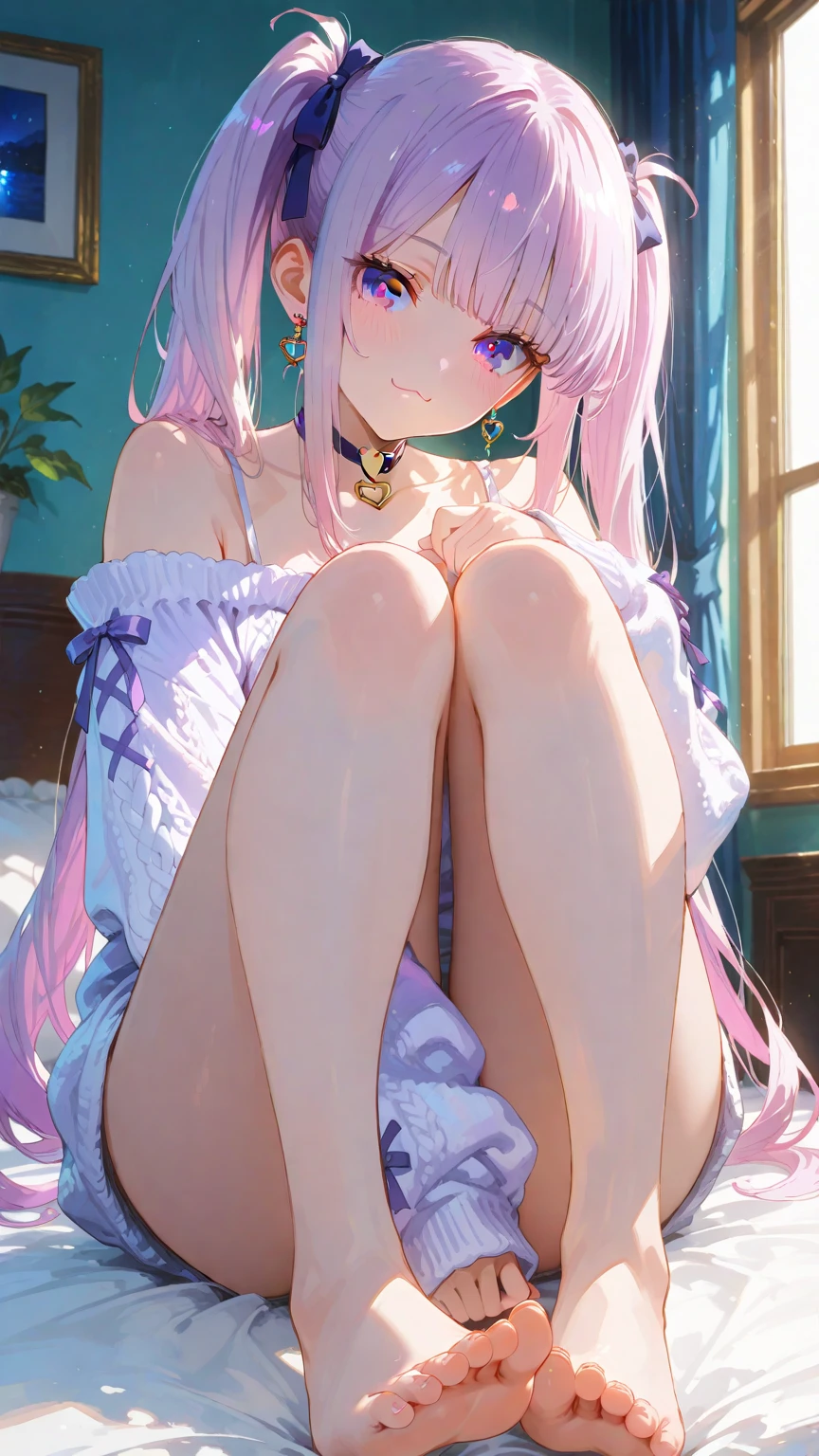 Draw Camila with waist-length lilac hair, lilac eyes. She is thin with small breasts but is very hot with a big pert ass. Wearing white thong lingerie with garter belt showing her hot ass on the balcony of a beach house. Doing frontal position with legs open and hand on pussy. View from below lying on the rocking chair showing her pussy.