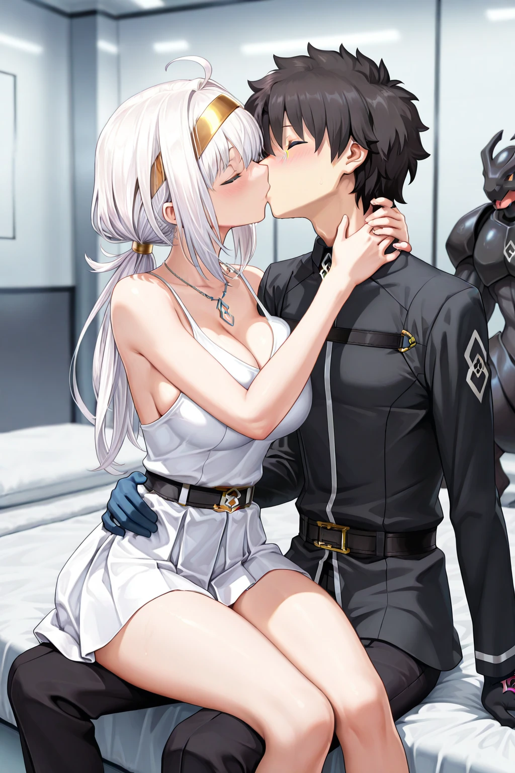 masterpiece, best quality, absurdres, 1girl, window, sunny, <lora:bismarckKancolle_v10:0.7>, bismarck \(Kancolle\),blonde hair, blue eyes, large breasts, military uniform, bare shoulders, thighhighs, detached sleeves ,brown gloves,iron cross, anchor, grey thighhighs, long sleeves, (1boy), sex, (hetero), upright straddle, straddling, vaginal, <lora:upright_front_above_50:1>, eye contact, looking at another, open mouth, sweat, (blush:1.3), chair, black hair