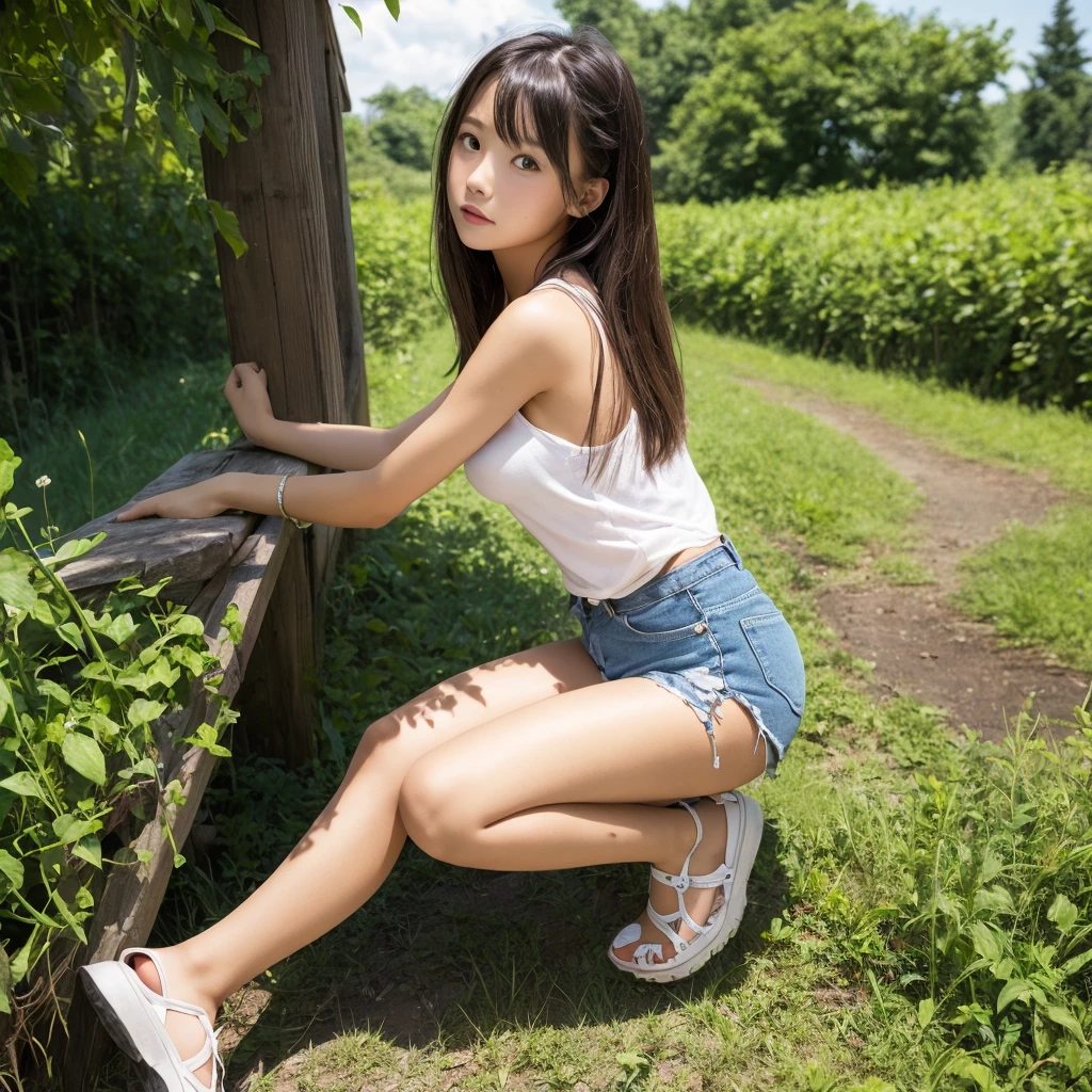 Little girl on top,Looking down,from below,White light panties,View between the legs,sitting on a swing,View of the crotch of the inner thigh,bottom angles,Mocking expressions,Smiling,White light bandeau,Large angle upward view