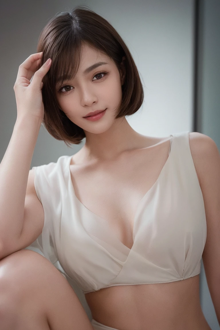 (highest quality, 8k, 32k, masterpiece, Ultra-high resolution:1.2),Beautiful Japanese Women Photos, Standard body type、（D cup breasts:1.4), Very short bob hair,Upper Body,Face Focus,（black formal blouse：1.4）、（black ruffle blouse:1.6）,（Pearl Necklace:1.4), （Midnightの工場事務室:1.6), The viewer is looking at her from the side, Observe the audience、（smile：1.3）、（教会の薄Dark Room：1.6）、（Only candlelight：1.5）、Dark Room、Midnight