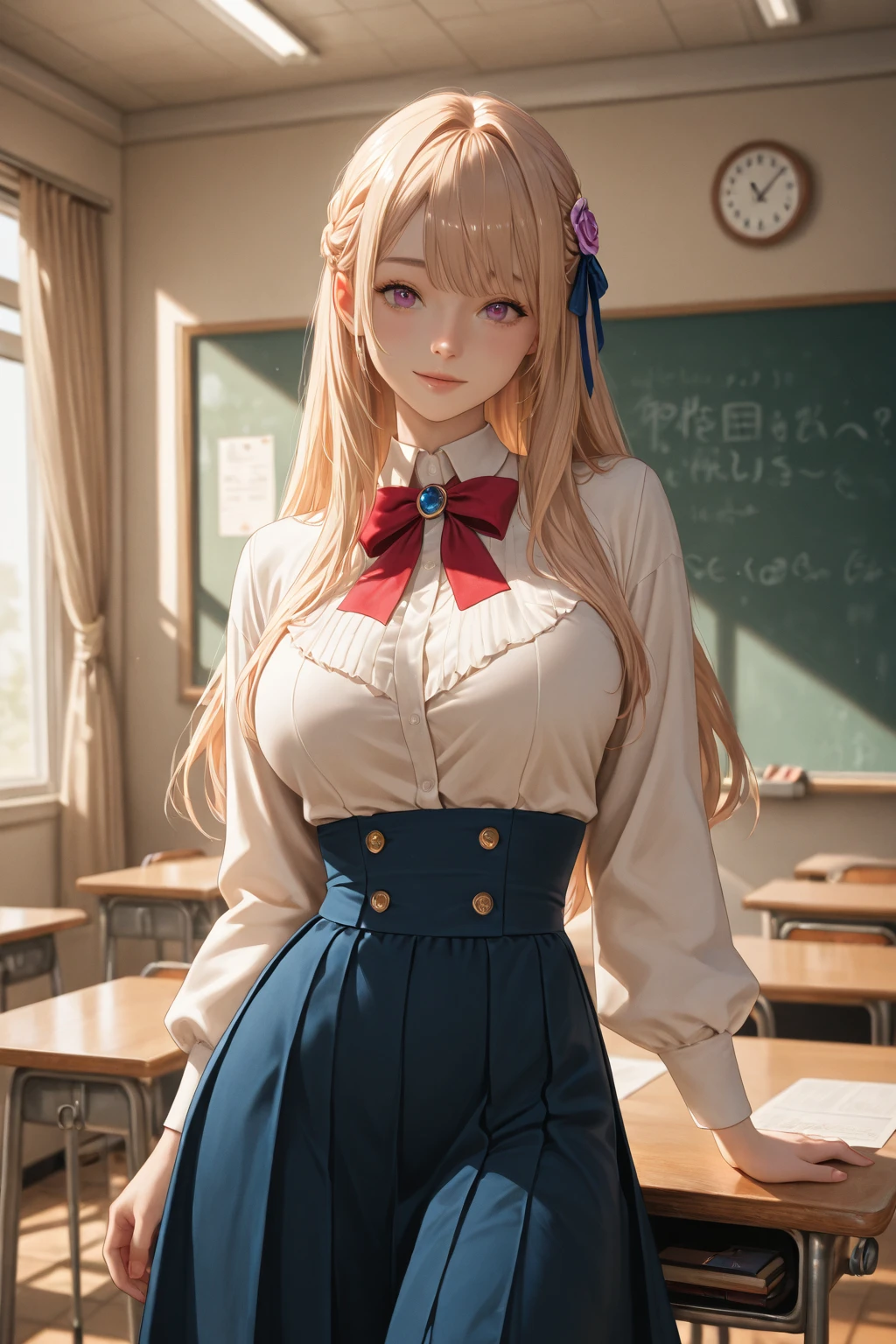 small breasts, (masterpiece, best quality:1.1), long hair, twintails, (realistic painting style:0.9), blonde, blue eyes, in classroom, (realistic:1.3), cute, tongue out, (shake effect, shaking:1.2), sweat, absurdres, breasts out, blush, (skirt:1.3), white bodysuit, squat, looking on viewer, white thigh highs, standing, (((1girl))), peeing trembling, --auto