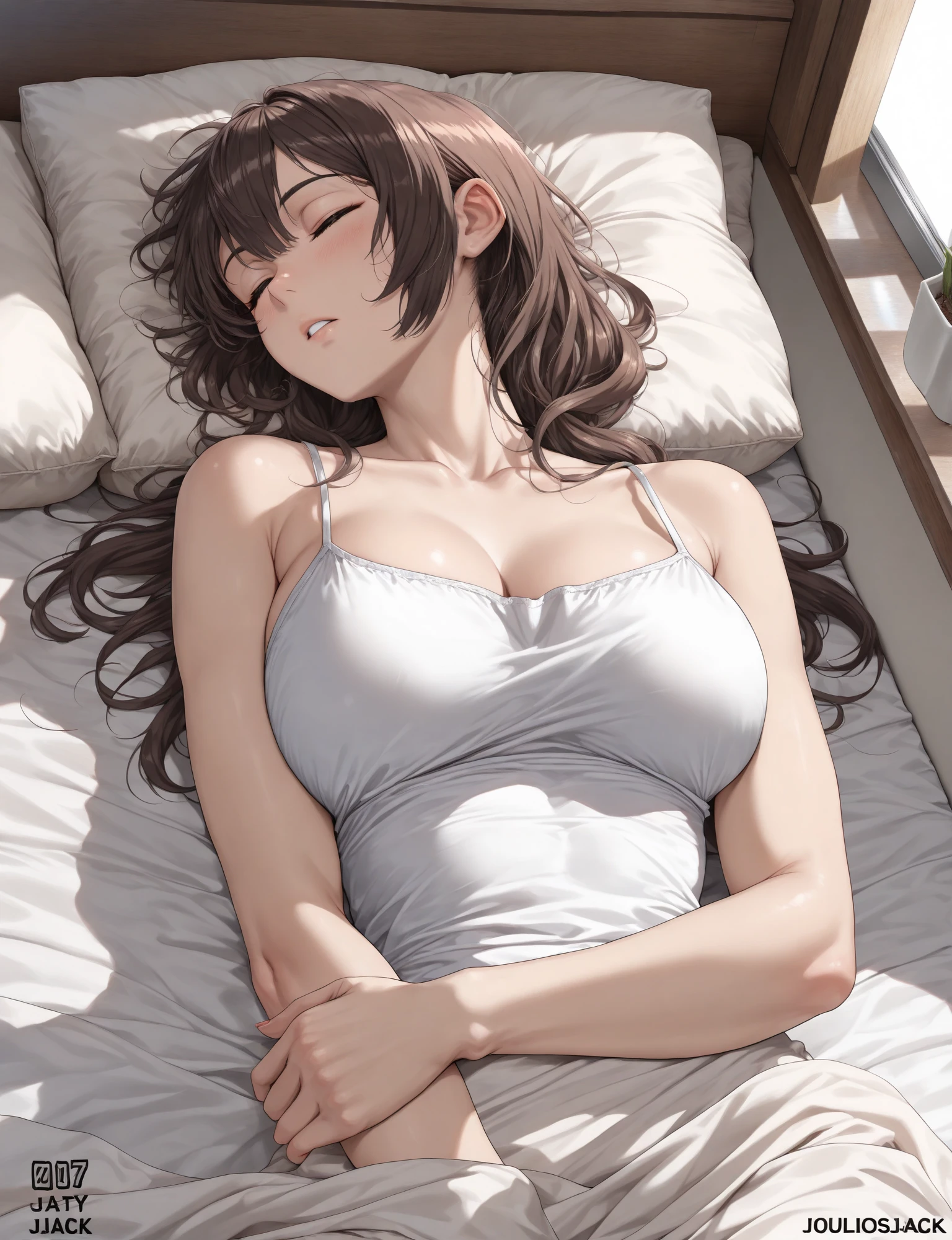 ((Browsing Caution:1.4, masterpiece, highest quality, High resolution, 超High resolution, Perfect Pixel, Depth of written boundary, 4K, RTTX 10.0, High resolution))), (One girl:1.3), single, alone, she, Beautiful Anime Girls, Beautiful art style, Anime characters, ((Long Hair, bangs, Dark brown hair, Curly Hair)), ((Beautiful eyelashes)), ((Detailed face, Blushing:1.2)), ((Smooth texture:0.75, Realistic texture:0.5, Anime CG Style)), ((Beautiful and large breasts, Cleavage)), indoor, Bedroom, Big Breasts, Perfect body, (Underarm:1.1), ((sleep in bed, (lying on one's back:1.4), sleepy, close your eyes:1.2)), ((close, throw, cute, Shoot in the body, a sighing expression)), (Dark pink bra, Dark pink panties, Dark pink lingerie)), (Natural light, Reflection of light, morning scenery), (There's a lot of sticky white cream in my mouth.:1.2), (The inside of the mouth is pure white:1.2), (A lot of sticky white cream overflows from the mouth.:1.2), (There's a lot of sticky white cream on my face.:1.2),(Open your mouth wide:1.2)), twist, (put one hand in your panties:1.8), ?????????, (pussy juice:1), (Perfect hands, Perfect ???????, Exact number of hands)