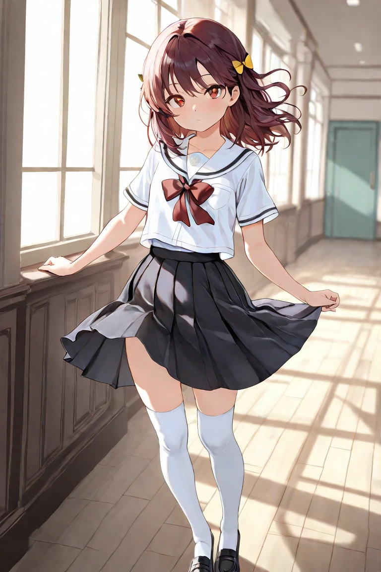 (masterpiece), 4K,woman,Long sleeve sailor suit,Small breasts,Small Ass,Curly Twin Tails,Light bulb lighting,Realistic, skinny, A big smile,Frill Bra,((,Bloomers under a skirt)),Standing on the stairs,((Knee-length frill skirt)),Angle from directly below