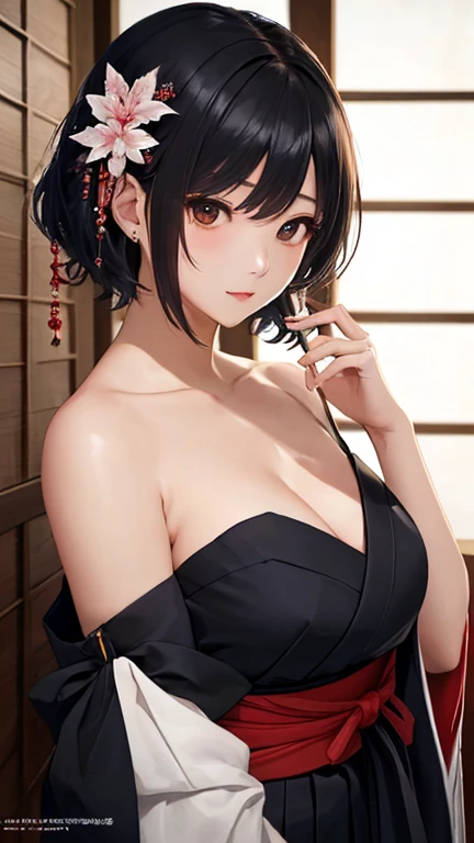Mature big sister,Black long hair,Hair up,Red Hanfu,Showing cleavage,Show your shoulders,Beautiful black eyes,Extremely detailed,high resolution,Simple background