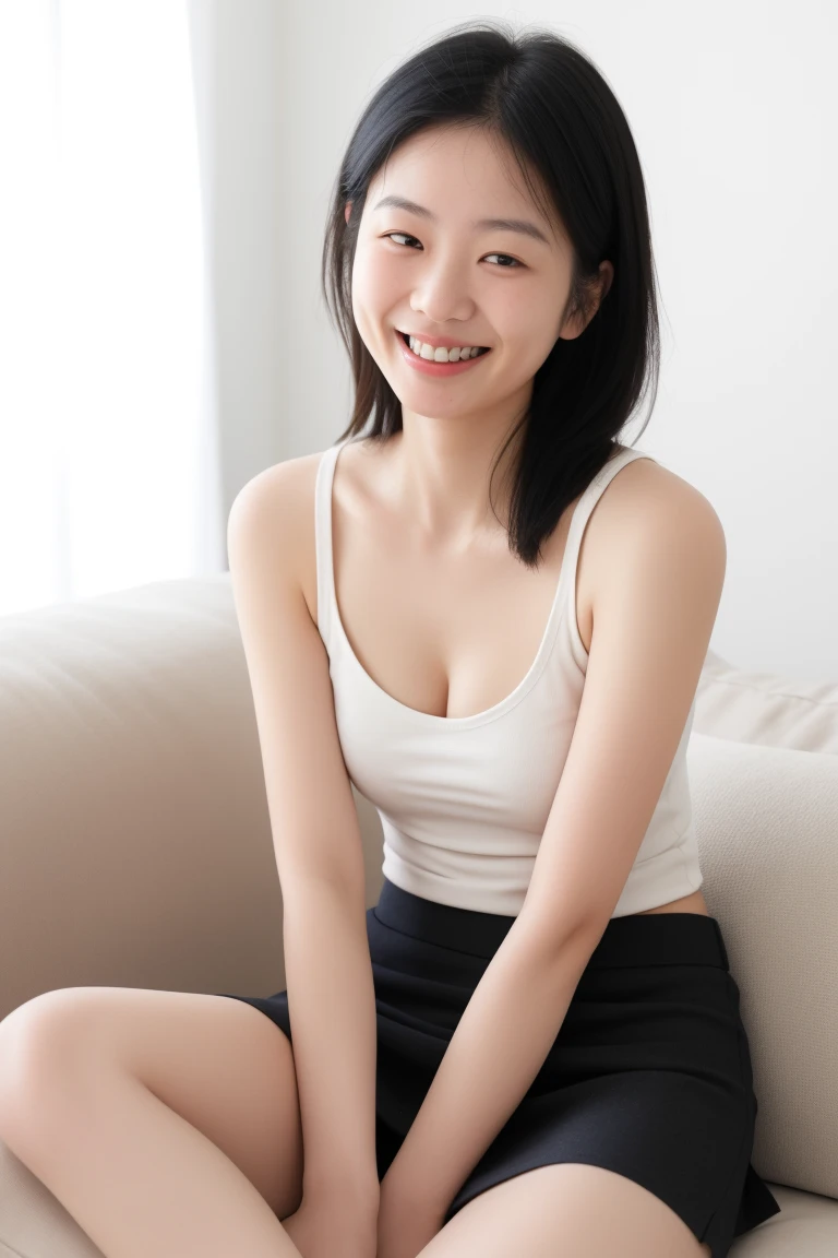 One Girl, short hair,Black Hair,smile,Inside the room, summer,sofa,Sit down,Tank top,skirt,6th grade elementary school,Look at the small bulge of her breasts here,transparent, (masterpiece, Highest quality), Soft Light, Structure of the film, Information like a movie
