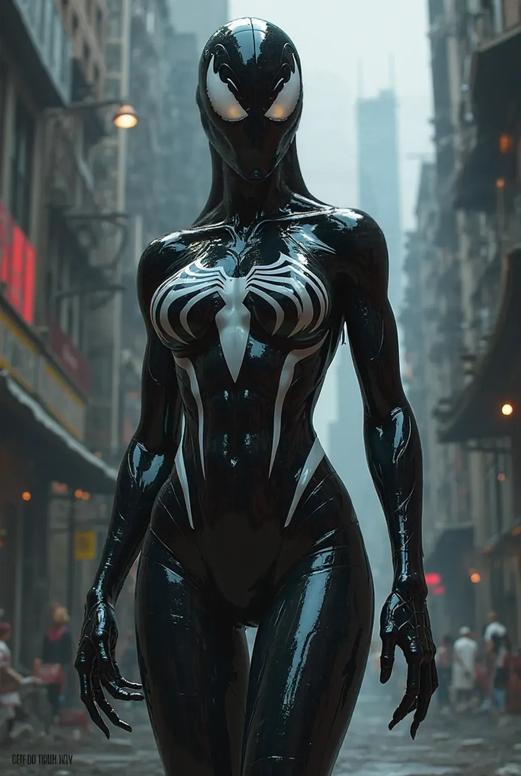 4K，realisticlying，Glamorous，The  very detailed，There  a girl in Dingcheng，Wearing a black Spider-Man costume，（Black and white：1.4） the night,symbiote，venomize，a large amount of mucus,she  a spiderman，Black superhero theme，In front of the sky，Flushed complexion，( Open legs， camel-toe，Vulvar shape：1.3）(GGCameltoe:1.3)Legs apart，25 age old，full bodyesbian