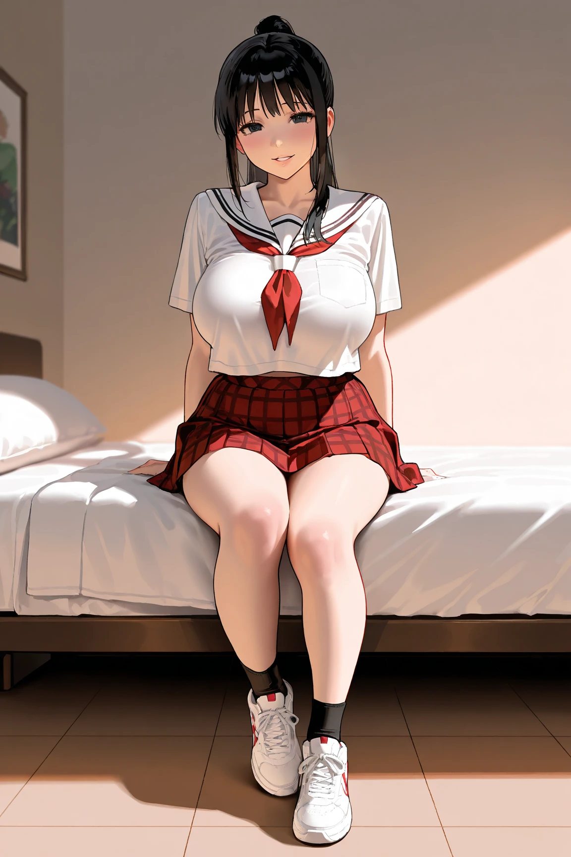 nsfw, Anime-style image of a tied up woman, from below, sitting on couch, legs up, hands on ass, spread pussy, pussy juice trail looking down, full-face blush, fuge breasts, expressionless, closed mouth,(masterpiece, best quality), nsfw,
1girl, from above, (close-up face:1.22), spread legs, on back,
(torogao:1.3), (half-closed eyes:1.1), heavy breathing, steam, hunid, open mouth, smile, (hand on pussy, female masturbation, spread pussy:1.3),pussy juice, (weakness:1.3),BREAK 10 yo, (loli:1.3), (huge breasts:1),skinny, black hair, medium long hair, (straight hair:1.2), (hime cut:0.5), (blunt bangs:1.3), red eyes, (tsurime:1.3),BREAK (school uniform, serafuku), (white shirt, short sleeves:1.2), sleeve line, bare arms, (red neckerchief), navel, BREAK (bottomless:1.Anime drawing by Kamaguruka, Topics on pixiv, What it is?, from Girls' Frontline, Tifa Lockhart, Kantai Collection Style, Fine details. Girls' Frontline, Wrapped in leather straps, Tifa Lockhart, Suppressed, From the Azur Lane video game