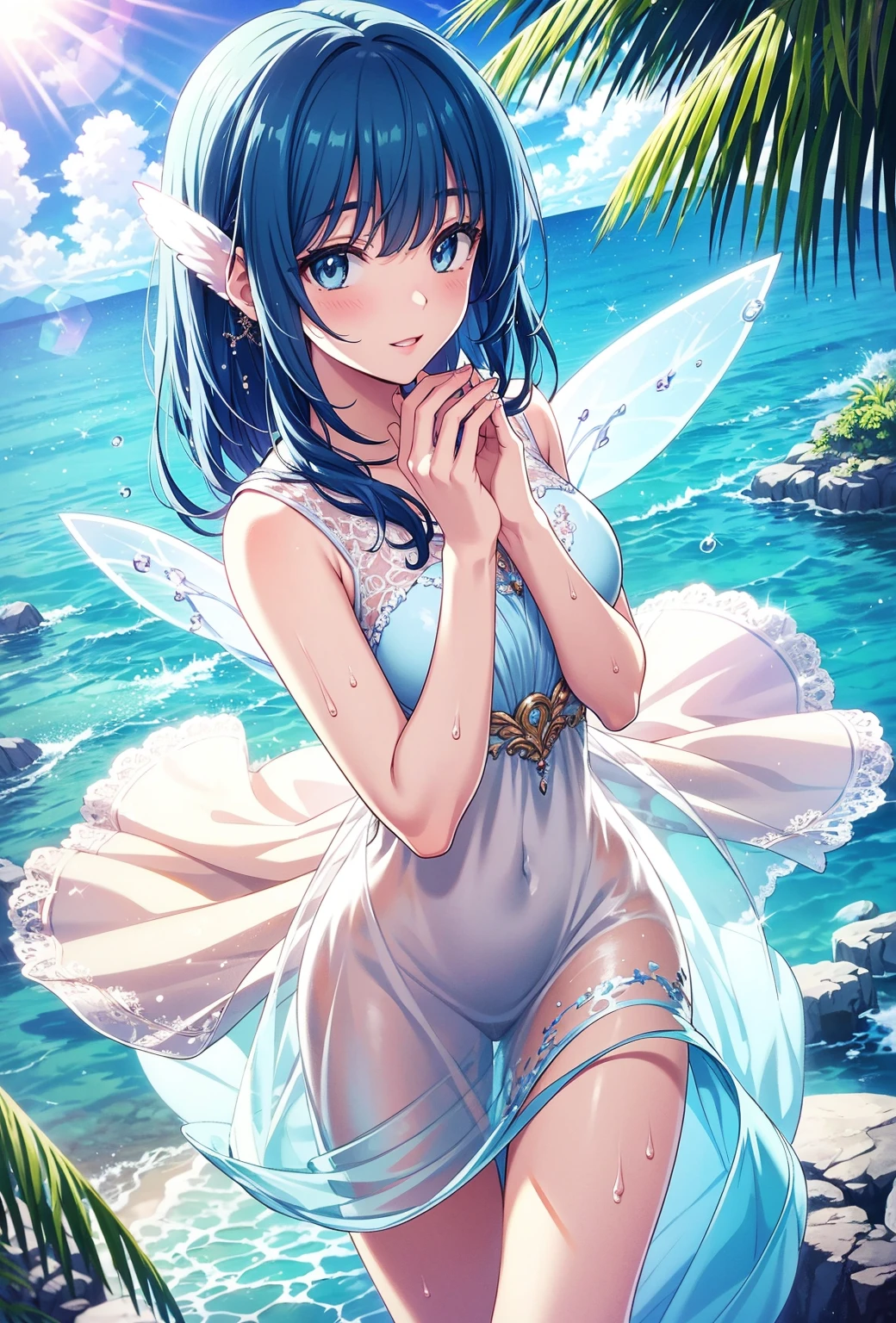 Beautiful fairy sitting on a tropical beach、Beautiful flower swimsuit