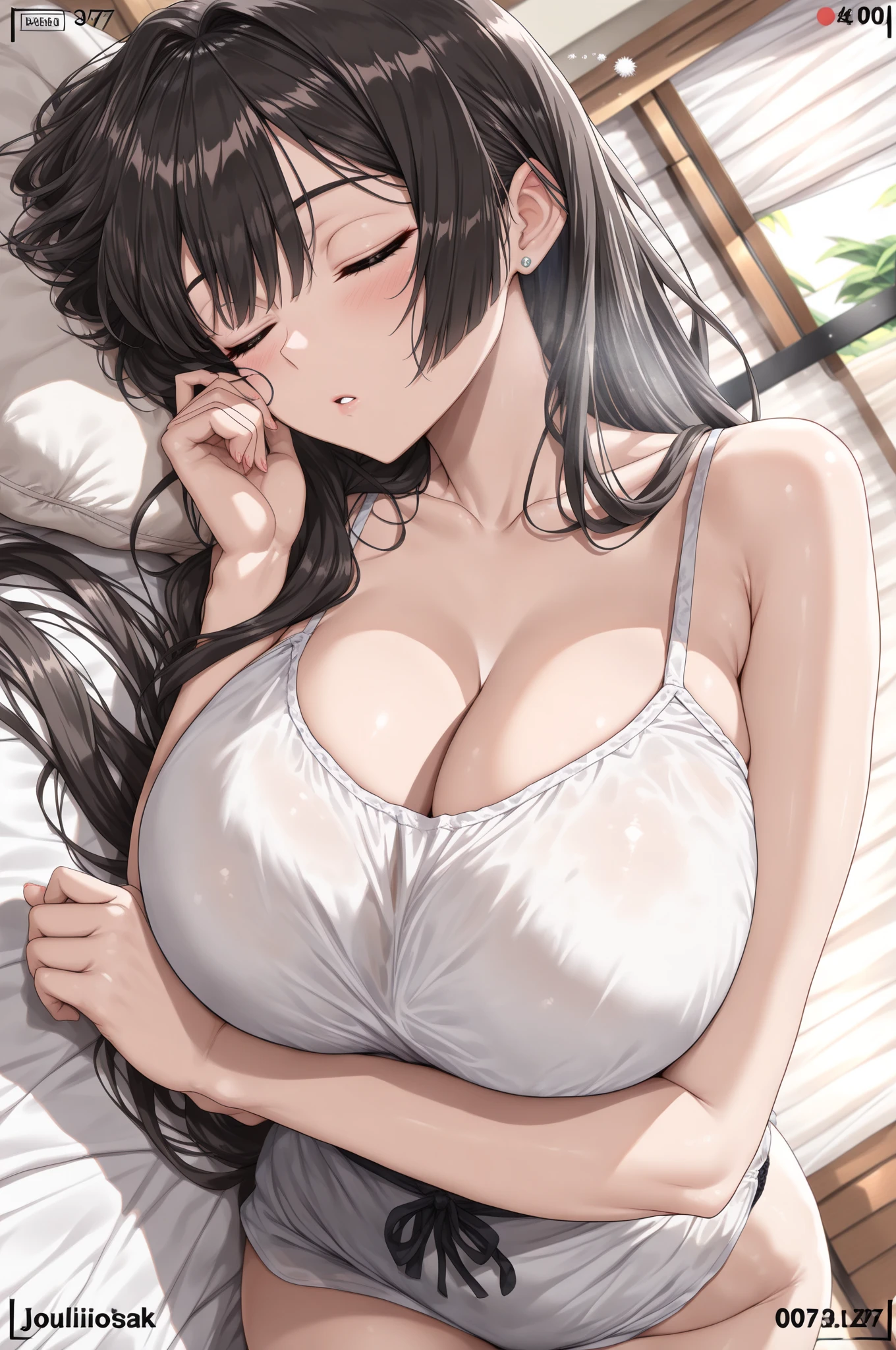 (very big breasts:1.5),(Korean female college student wearing cream-colored lace lingerie),(Happy sick expression),(long hair),(sex from above),(covered in semen),(nsfw)
