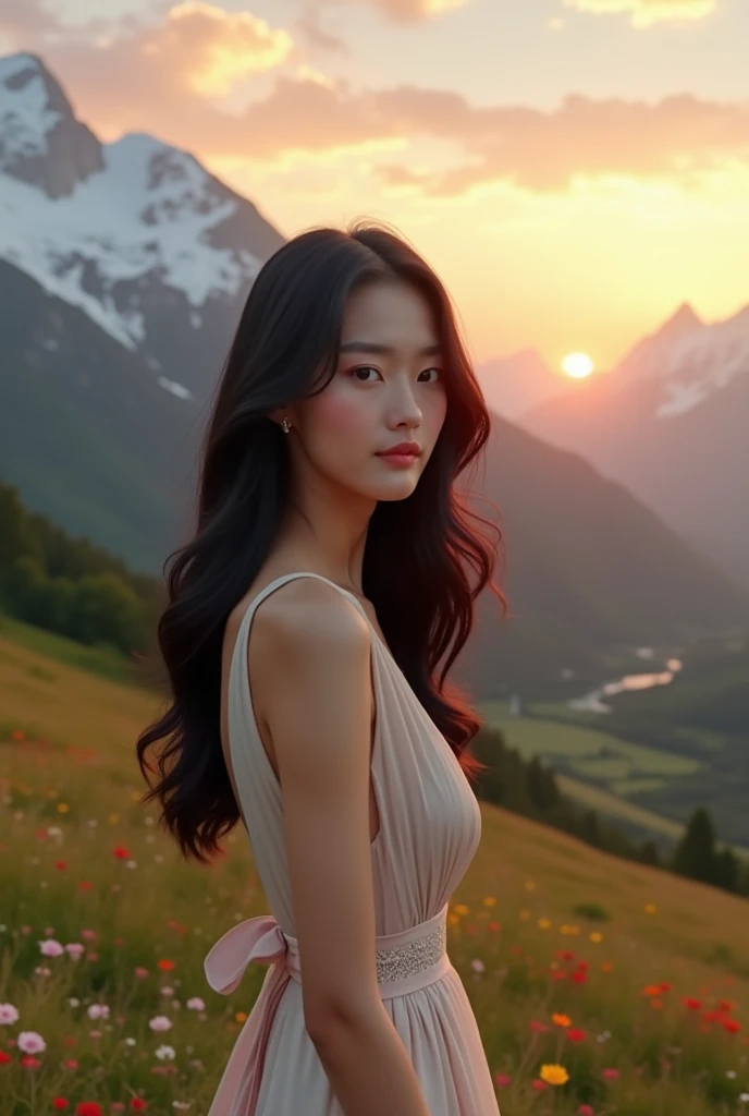 ((Pure beauty:0.8+ultra-realistic realism:1.2),White skin texture:1.2,eyes with brightness:1.1),lightand shade contrast:1.1,high textured:1.1,Picture quality:Ultra HD:1.3,The upper part of the body,tall nose bridge,dynamic angle,Clouds and mountains,Flower field in the foreground,Light tracing,realisticlying,offcial art,Unity 8k壁纸,ultra - detailed,Beautiful and beautiful,tmasterpiece,best qualityer,Glowing skin,cinmatic lighting。