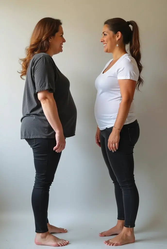 "an overweight woman, wearing a blouse and pants looking at a thinner version, with the ideal weight, healthy, active and at ease with herself through a futuristic mirror, symbolizing the potential for transformation."