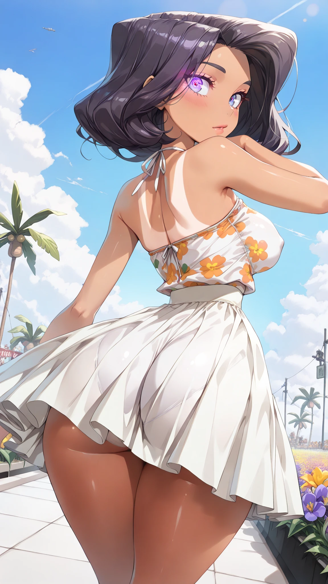 white off-the-shoulder blouse, white asymmetrical skirt, small bust, narrow hips, black hair tied in a bun, view from below, upskirt, morning metropolis, white underwear, slender woman, dark skin