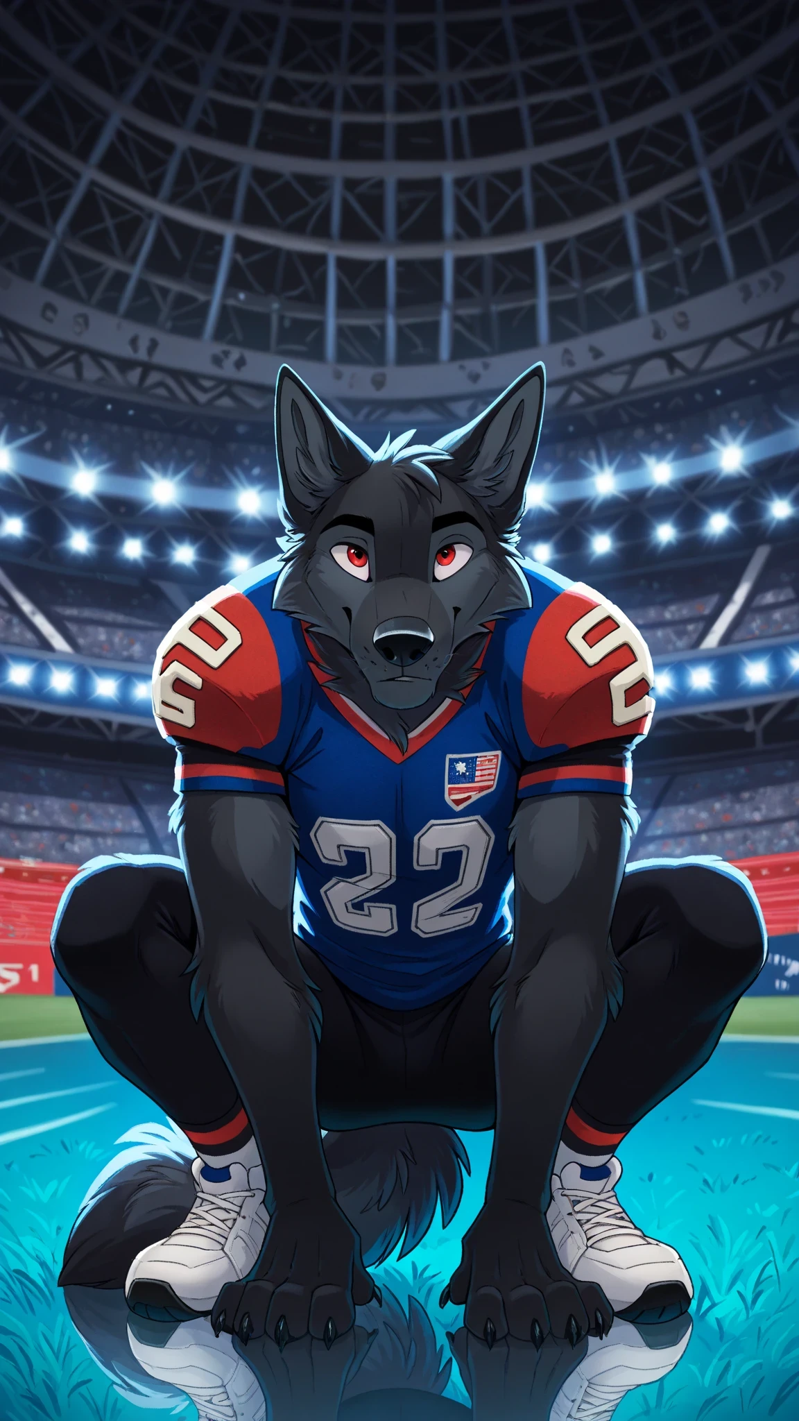 american football stadium background, Eye blue, Reflections, full body, antropomorfico, Adult Wolf, without humans, by ango76 , Masterpiece, better quality,very aesthetic, newest, anthropoid, mammal, a boy, Clothes, Alone, byry, byry Macho, macho focuS, Red Eyes, postura bipeda in front, Male black wolf,male black wolf furry, by, squatting posture, squatting, claws, animal ears, high resolution, blue color american football jersey, lycra american football tights white, white sneakers, wolf tail, in front, squatting in front