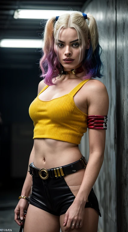 32K UHD QUALITY RESOLUTION, rainbow highlights, beautiful and sexy woman, accentuated super huge enormously gigantic tits, cleavage showing, wearing leather corset lace panties and thigh high boots with lots of straps buckles and zippers, front facing, wild messy punk mohawk hair, tattoo sleeves and piercings, facing forward, looking at viewer, bright colors, vivid colors, bright hair, vivid hair, blushing, shy smile, short hair, pixie haircut, rainbow hair